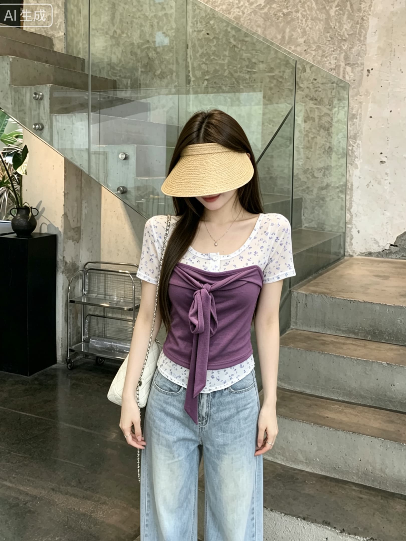 정가 진짜 꽃 객실 안개 언어 한 부서 작은 원 칼라 인사이드 가져 가라. 스택 착용 단색 스트랩 튜브탑 사실 두 조각 티셔츠 여성 상세 이미지 6