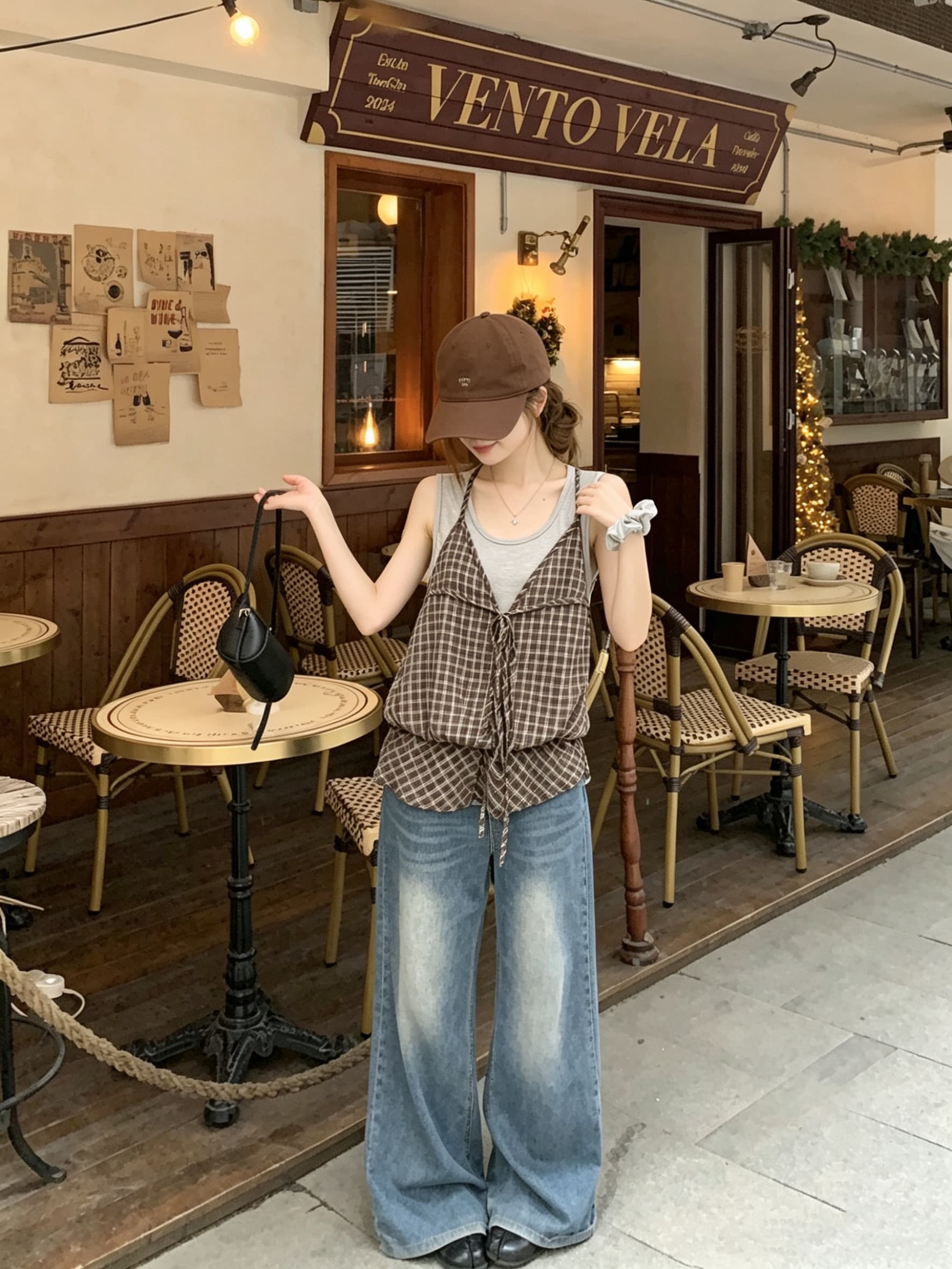 정가 실사 한 부서 ins 체크무늬 행침 목 조끼 여성 여름 스택 착용 캐주얼 다용도 프릴 맨위 페이크 레이어드 상세 이미지 10