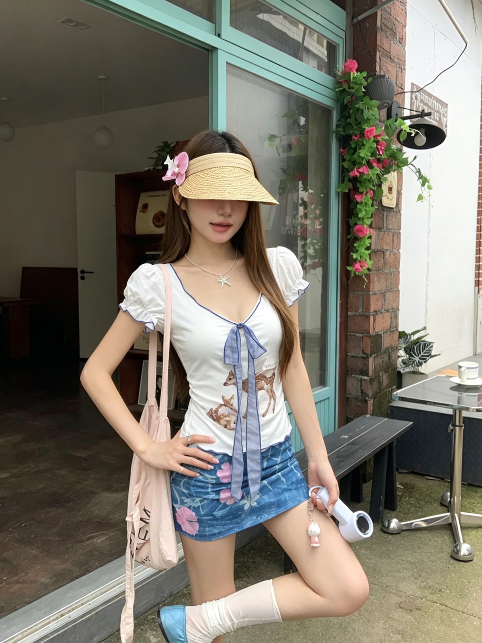 정가 실사 작은 사슴 프린트 프릴 반팔 여성 여름 거품 소매 리본 티셔츠 디자인 센스 몸매 가꾸기 맨위 상세 이미지 1