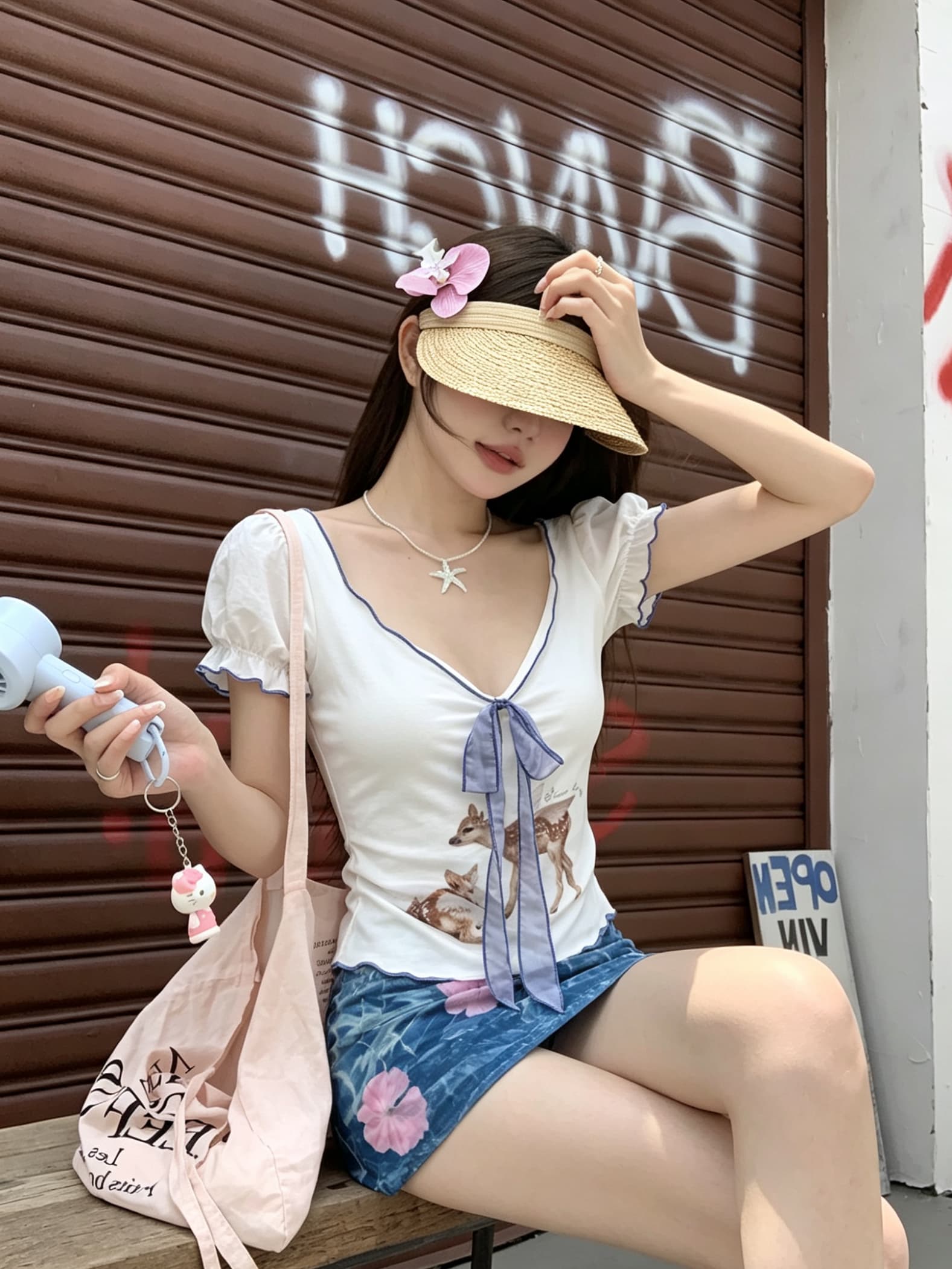 정가 실사 작은 사슴 프린트 프릴 반팔 여성 여름 거품 소매 리본 티셔츠 디자인 센스 몸매 가꾸기 맨위 상세 이미지 2