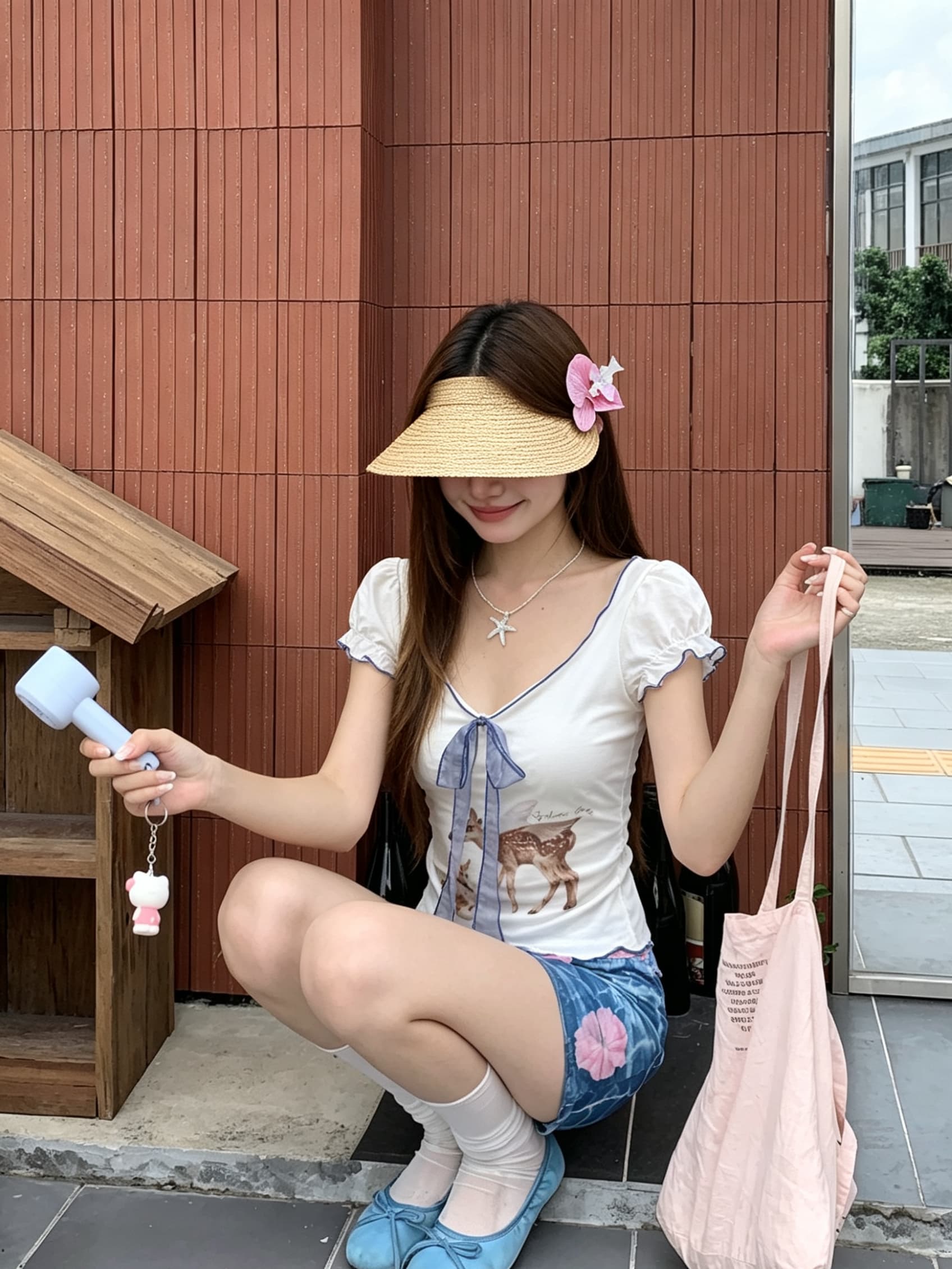 정가 실사 작은 사슴 프린트 프릴 반팔 여성 여름 거품 소매 리본 티셔츠 디자인 센스 몸매 가꾸기 맨위 상세 이미지 3