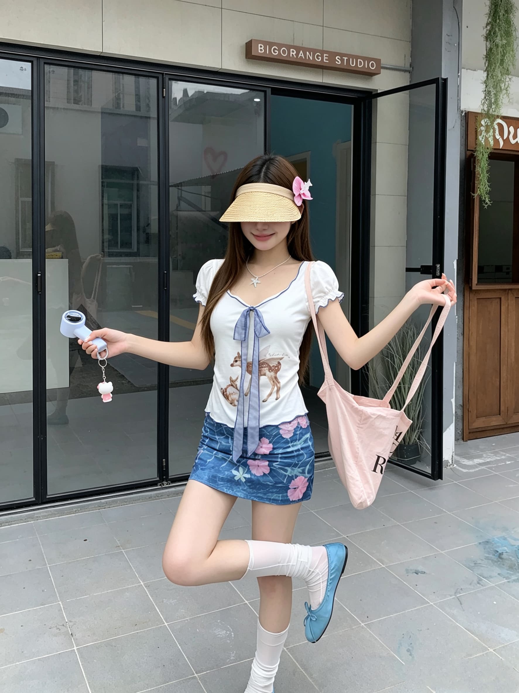 정가 실사 작은 사슴 프린트 프릴 반팔 여성 여름 거품 소매 리본 티셔츠 디자인 센스 몸매 가꾸기 맨위 상세 이미지 5