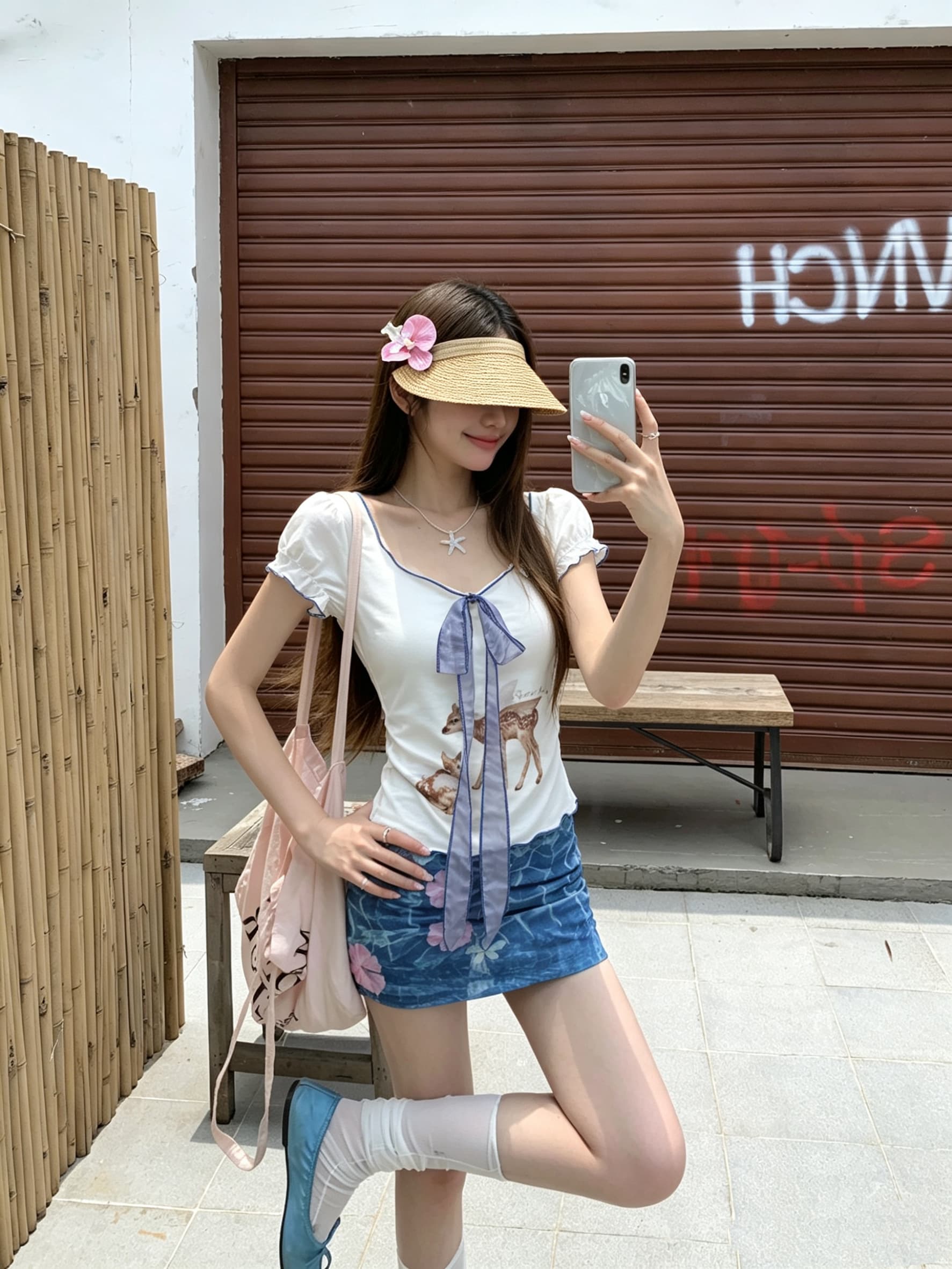 정가 실사 작은 사슴 프린트 프릴 반팔 여성 여름 거품 소매 리본 티셔츠 디자인 센스 몸매 가꾸기 맨위 상세 이미지 6