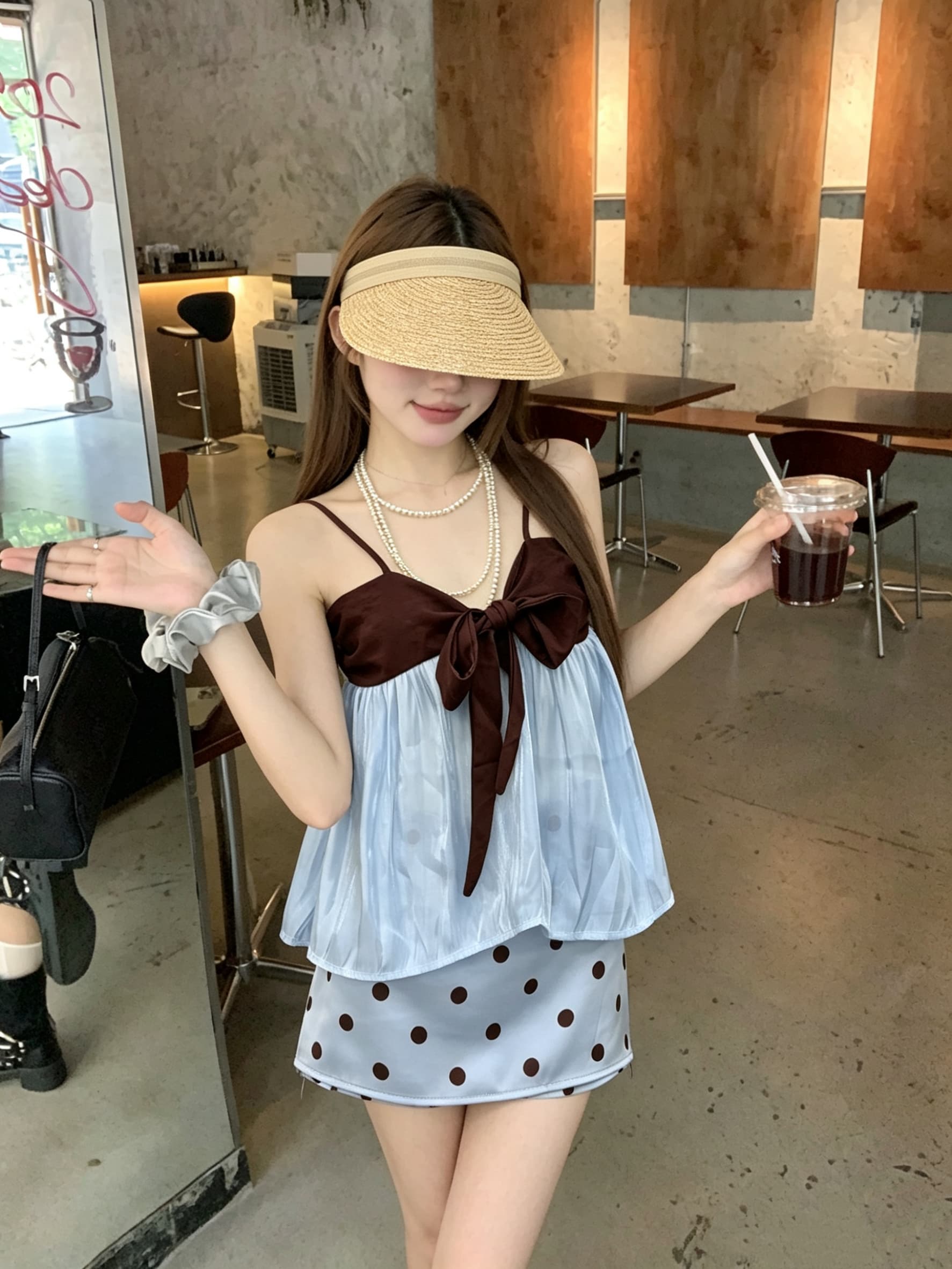 정가 실사 나비 넥타이 패치워크 배색 루즈핏 망토 한 마디 외출용 슬립 맨위 도트 무늬 치마 세트 상세 이미지 1