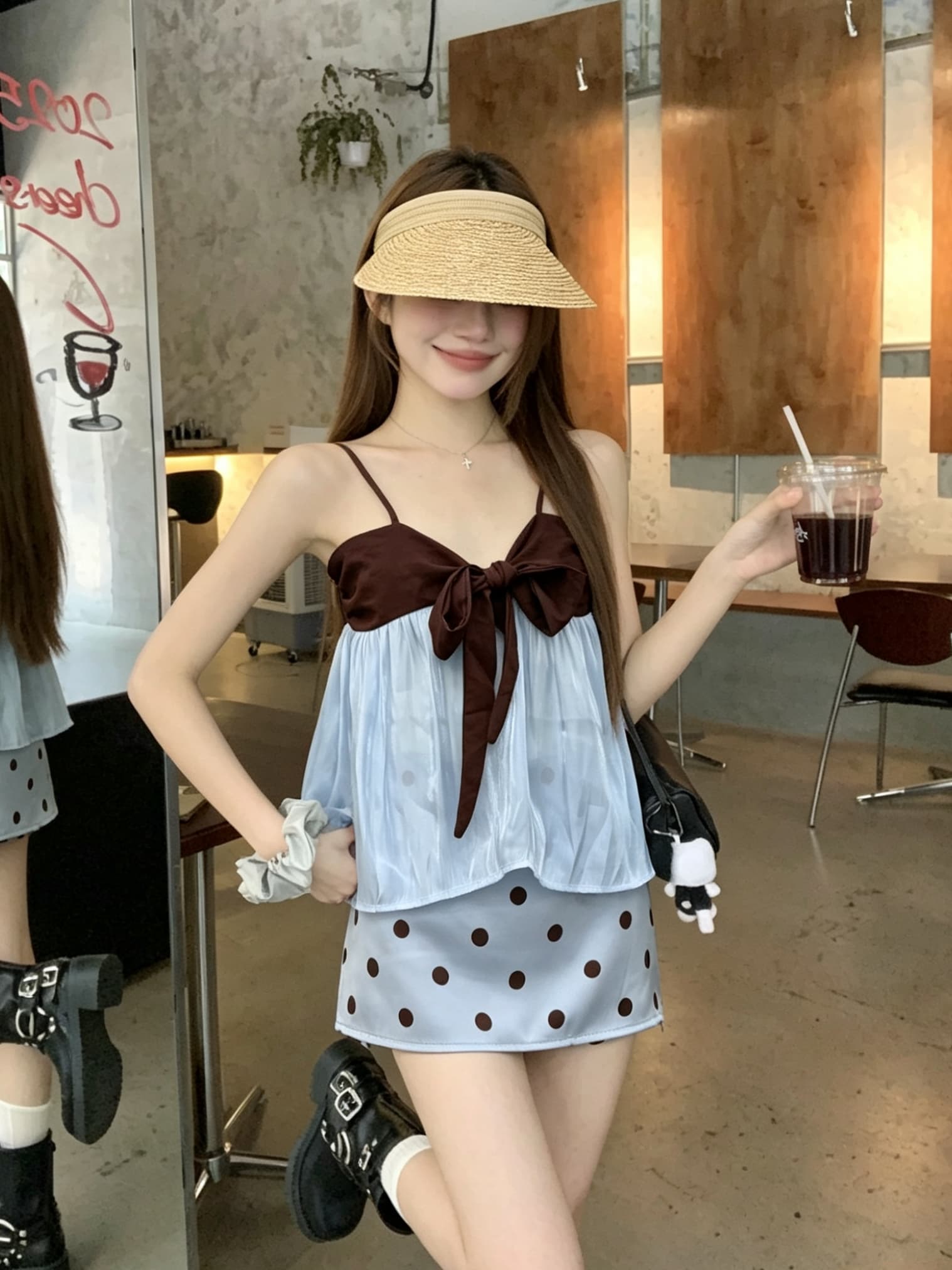 정가 실사 나비 넥타이 패치워크 배색 루즈핏 망토 한 마디 외출용 슬립 맨위 도트 무늬 치마 세트 상세 이미지 2