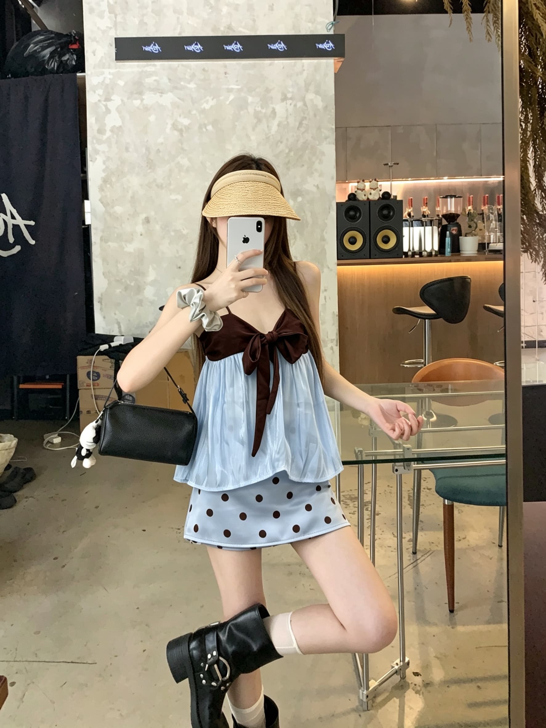 정가 실사 나비 넥타이 패치워크 배색 루즈핏 망토 한 마디 외출용 슬립 맨위 도트 무늬 치마 세트 상세 이미지 3