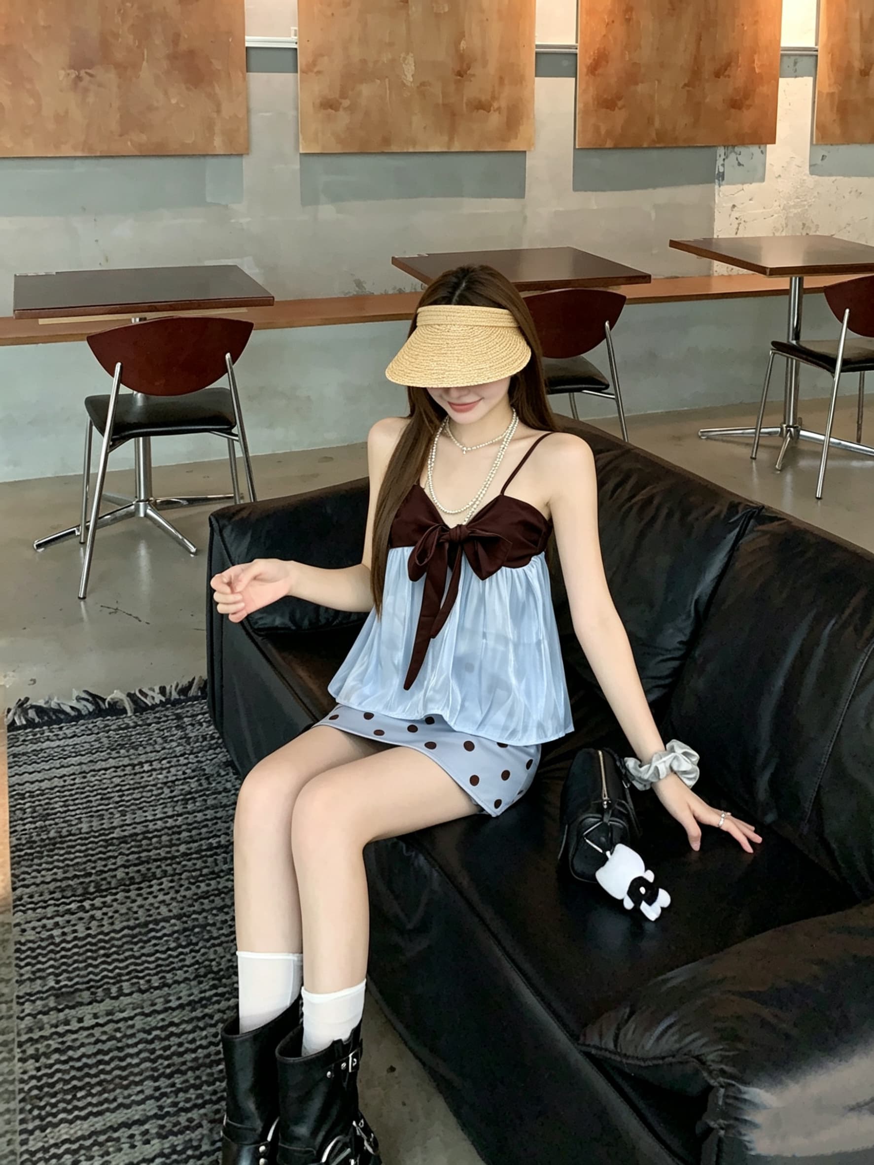 정가 실사 나비 넥타이 패치워크 배색 루즈핏 망토 한 마디 외출용 슬립 맨위 도트 무늬 치마 세트 상세 이미지 5