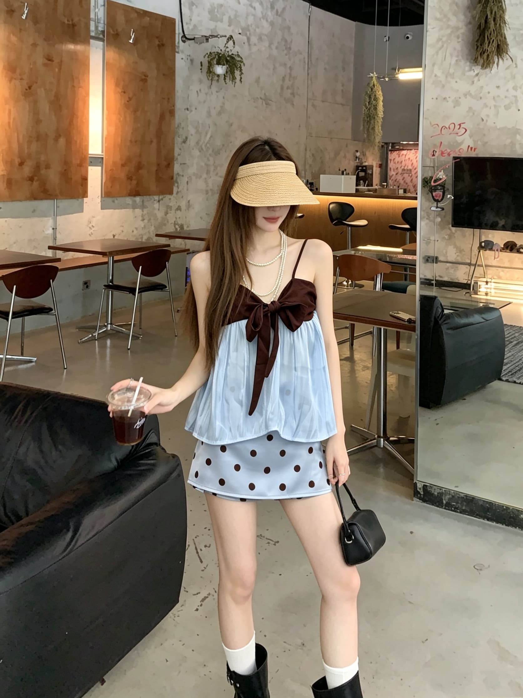 정가 실사 나비 넥타이 패치워크 배색 루즈핏 망토 한 마디 외출용 슬립 맨위 도트 무늬 치마 세트 상세 이미지 6