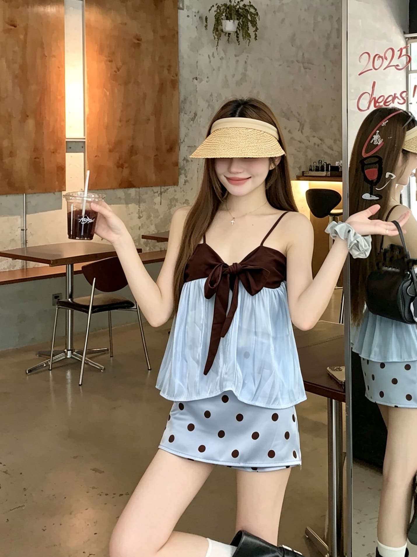 정가 실사 나비 넥타이 패치워크 배색 루즈핏 망토 한 마디 외출용 슬립 맨위 도트 무늬 치마 세트 상세 이미지 7