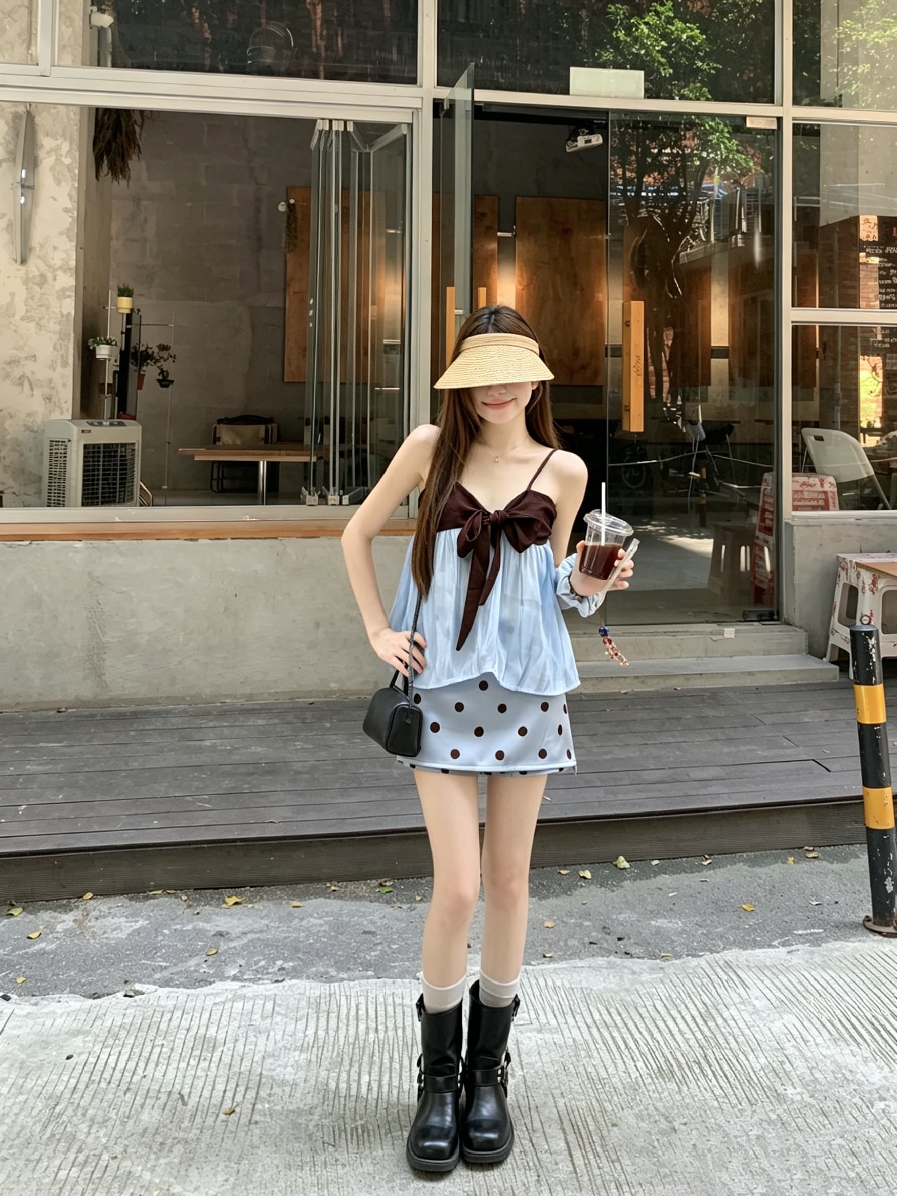 정가 실사 나비 넥타이 패치워크 배색 루즈핏 망토 한 마디 외출용 슬립 맨위 도트 무늬 치마 세트 상세 이미지 8
