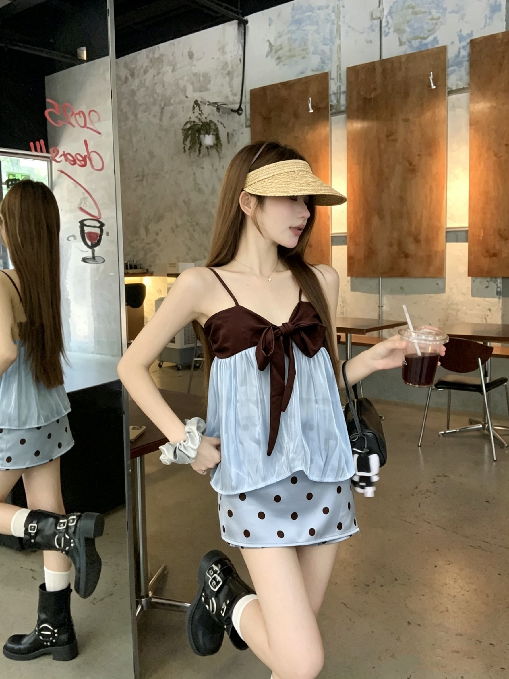 정가 실사 나비 넥타이 패치워크 배색 루즈핏 망토 한 마디 외출용 슬립 맨위 도트 무늬 치마 세트 상세 이미지 10
