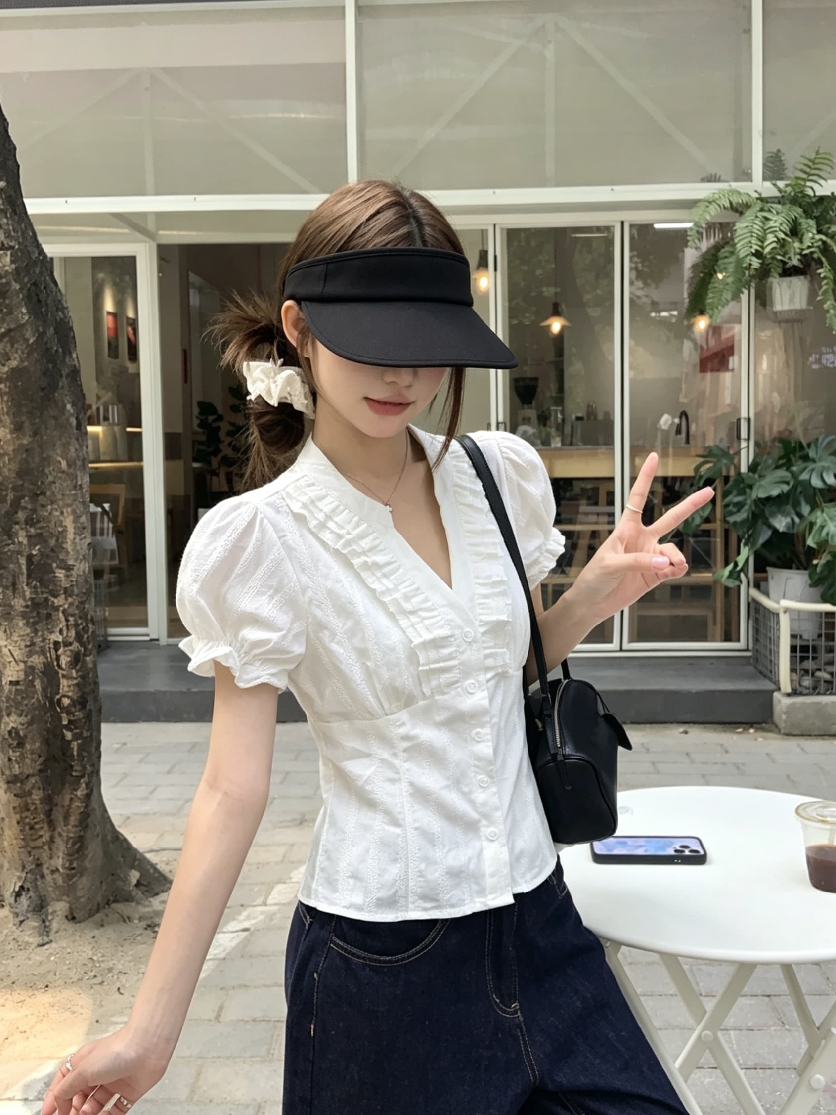 정가 실사 V넥 허리 수축 반팔 여성 셔츠 여름 프릴 작은 셔츠 거품 소매 달콤함 맨위 상세 이미지 1