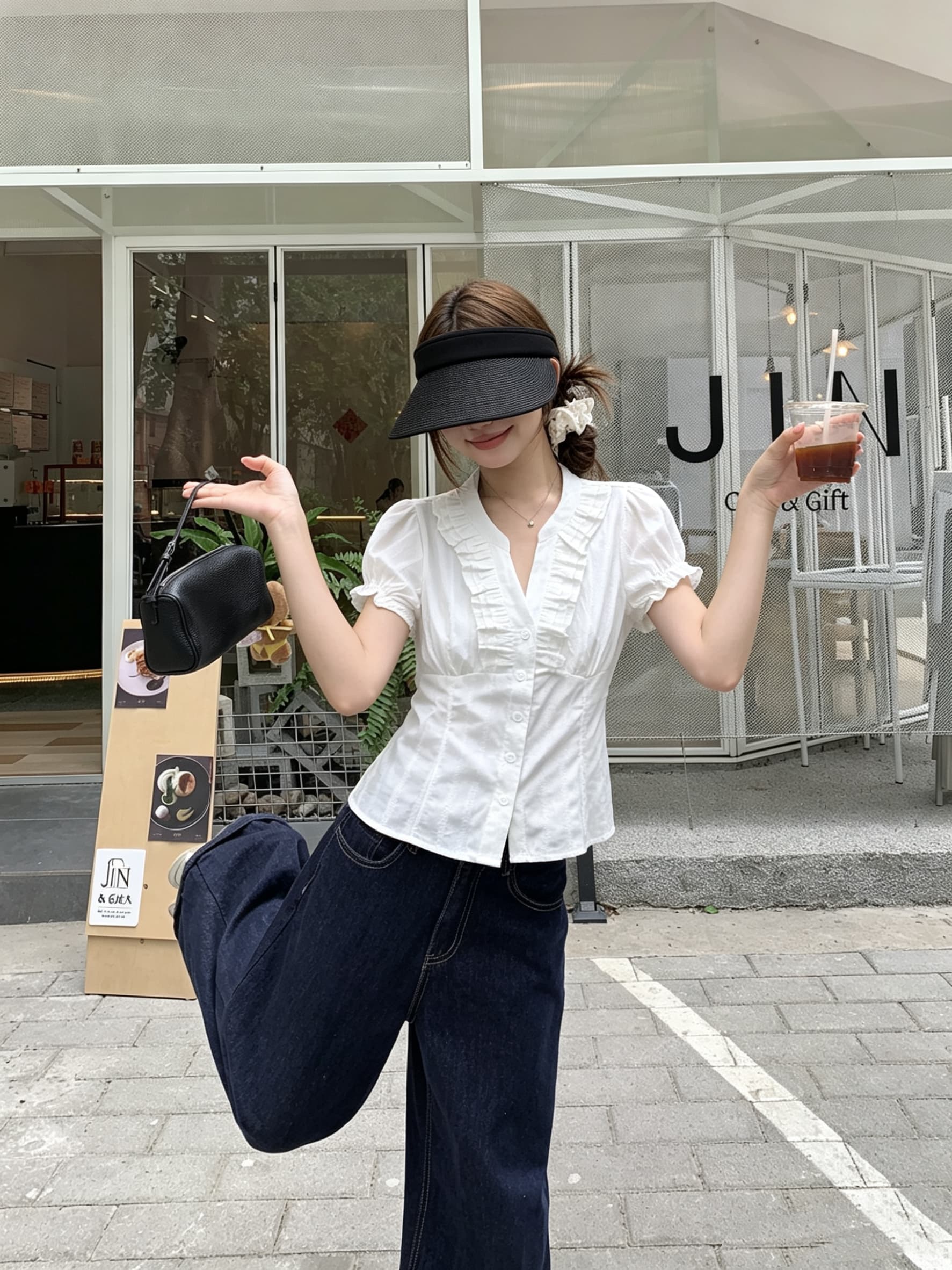 정가 실사 V넥 허리 수축 반팔 여성 셔츠 여름 프릴 작은 셔츠 거품 소매 달콤함 맨위 상세 이미지 3