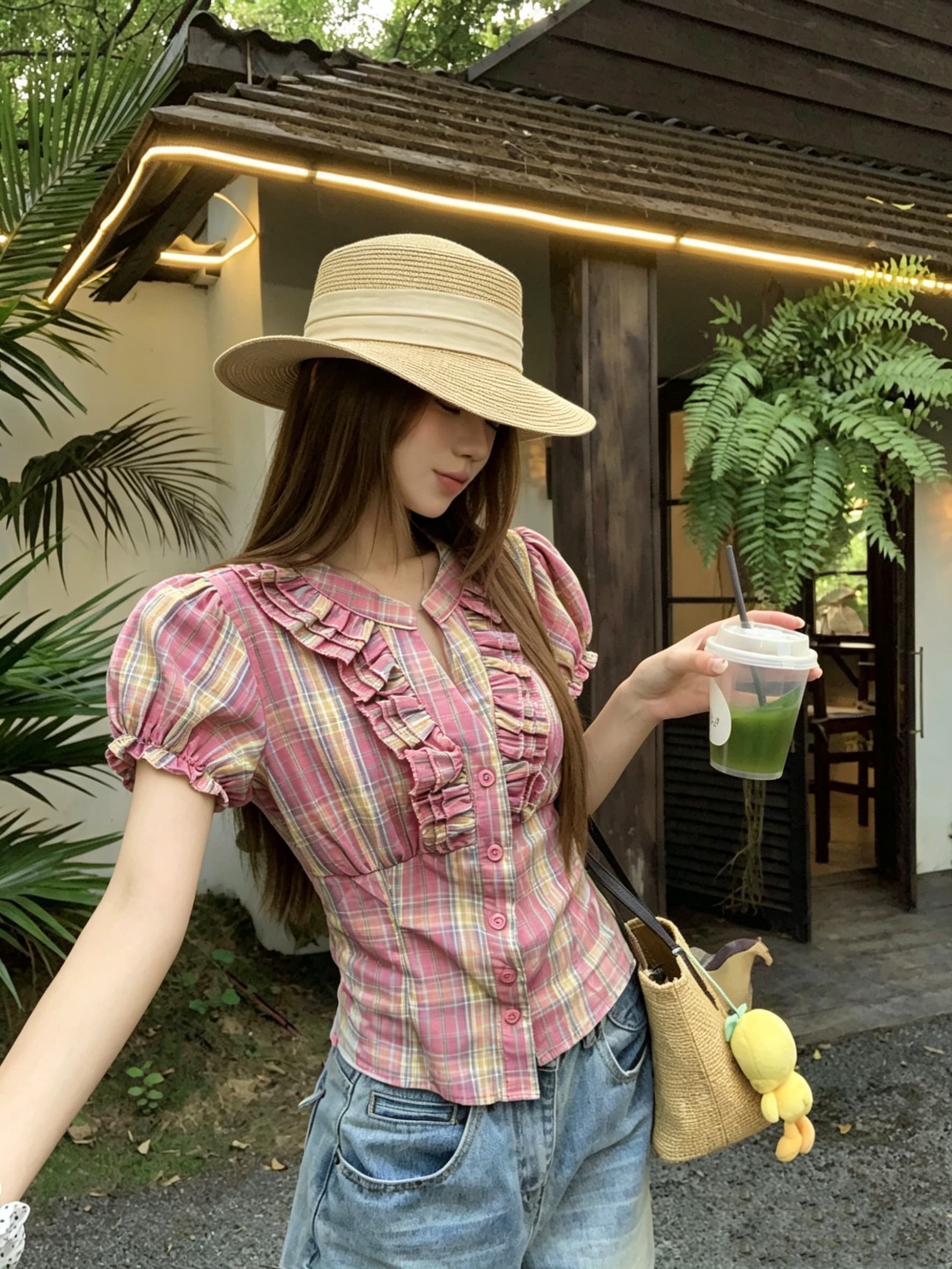 정가 실사 V넥 허리 수축 반팔 여성 셔츠 여름 프릴 작은 셔츠 거품 소매 달콤함 맨위 상세 이미지 12