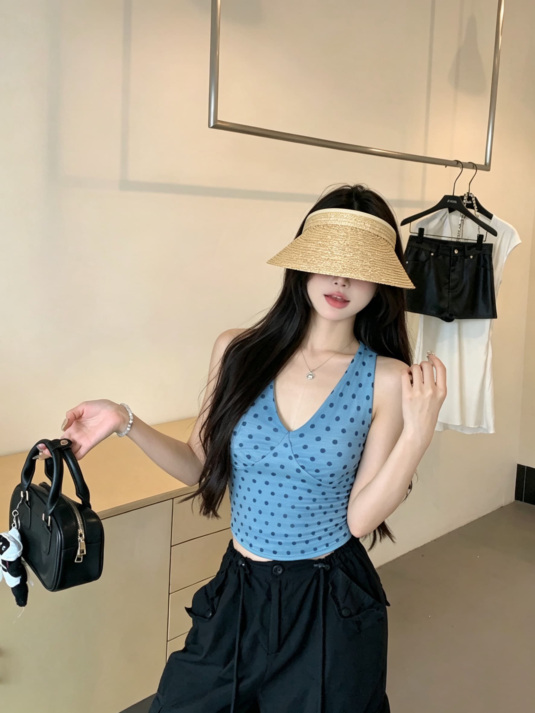 정가 실사 V넥 파란색 도트 무늬 행침 목 캐미솔 여름 새로운 몸매 가꾸기 쇼트 스타일 핫걸 민소매 맨위 상세 이미지 2