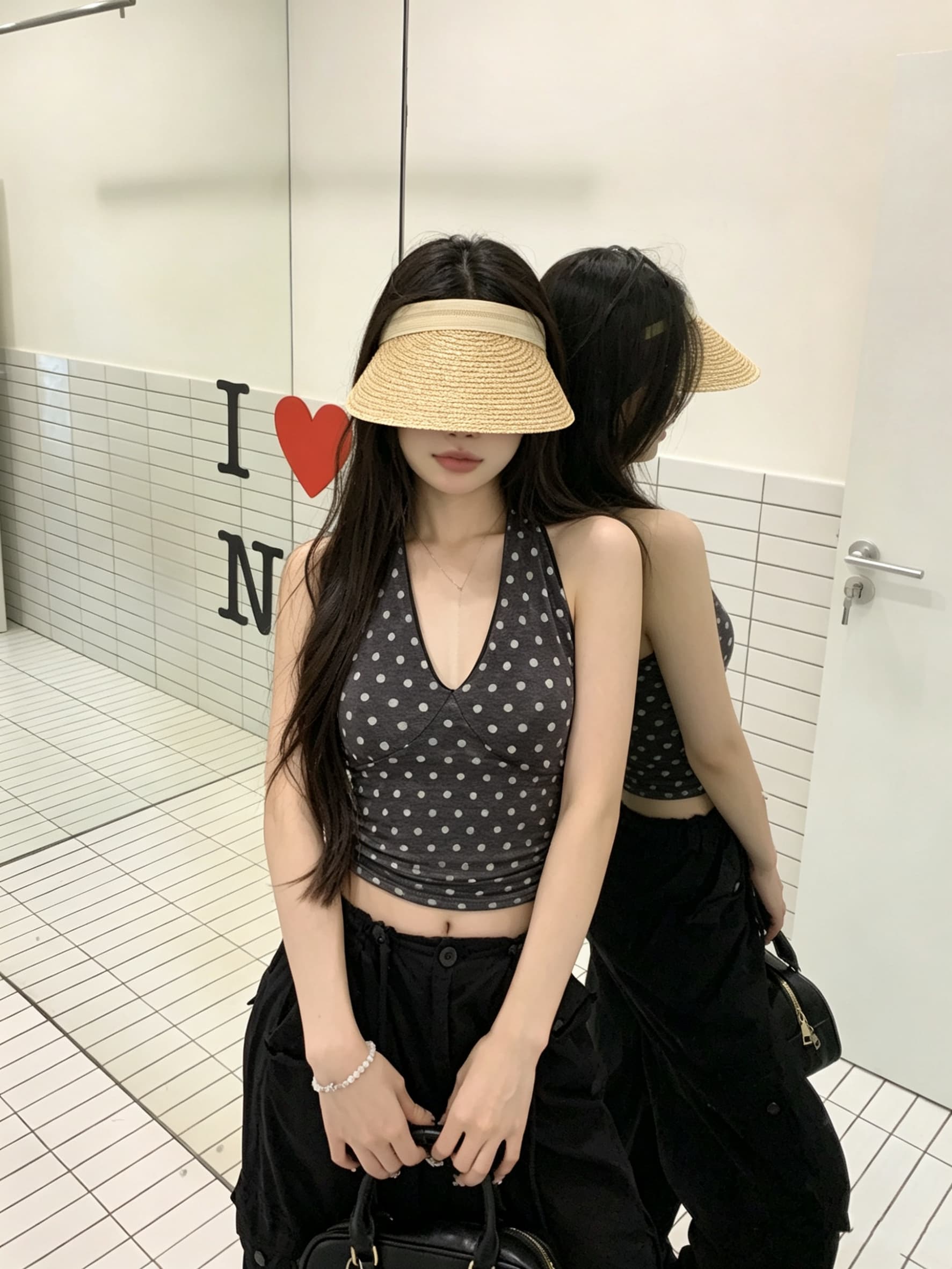 정가 실사 V넥 파란색 도트 무늬 행침 목 캐미솔 여름 새로운 몸매 가꾸기 쇼트 스타일 핫걸 민소매 맨위 상세 이미지 5