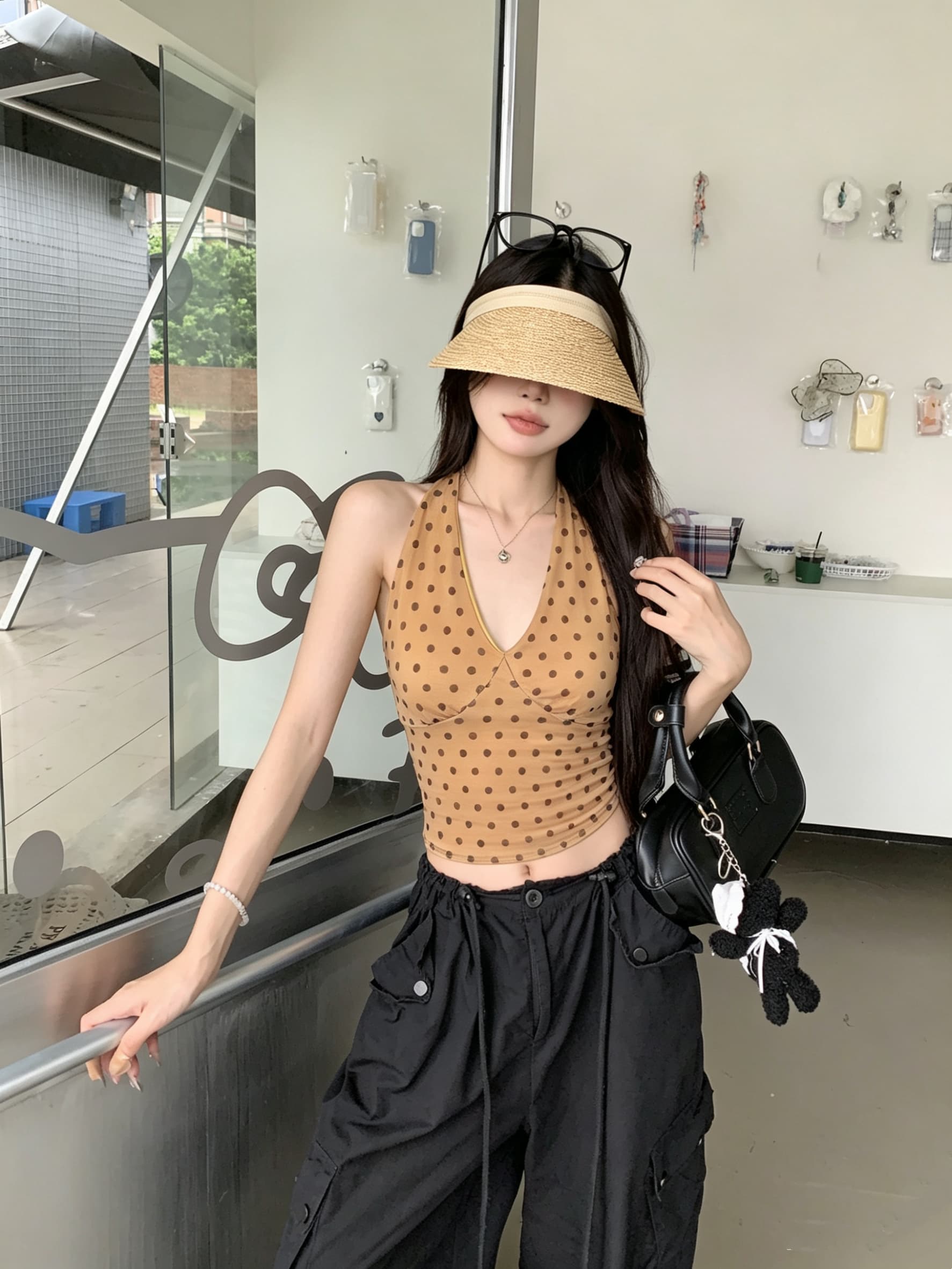 정가 실사 V넥 파란색 도트 무늬 행침 목 캐미솔 여름 새로운 몸매 가꾸기 쇼트 스타일 핫걸 민소매 맨위 상세 이미지 7