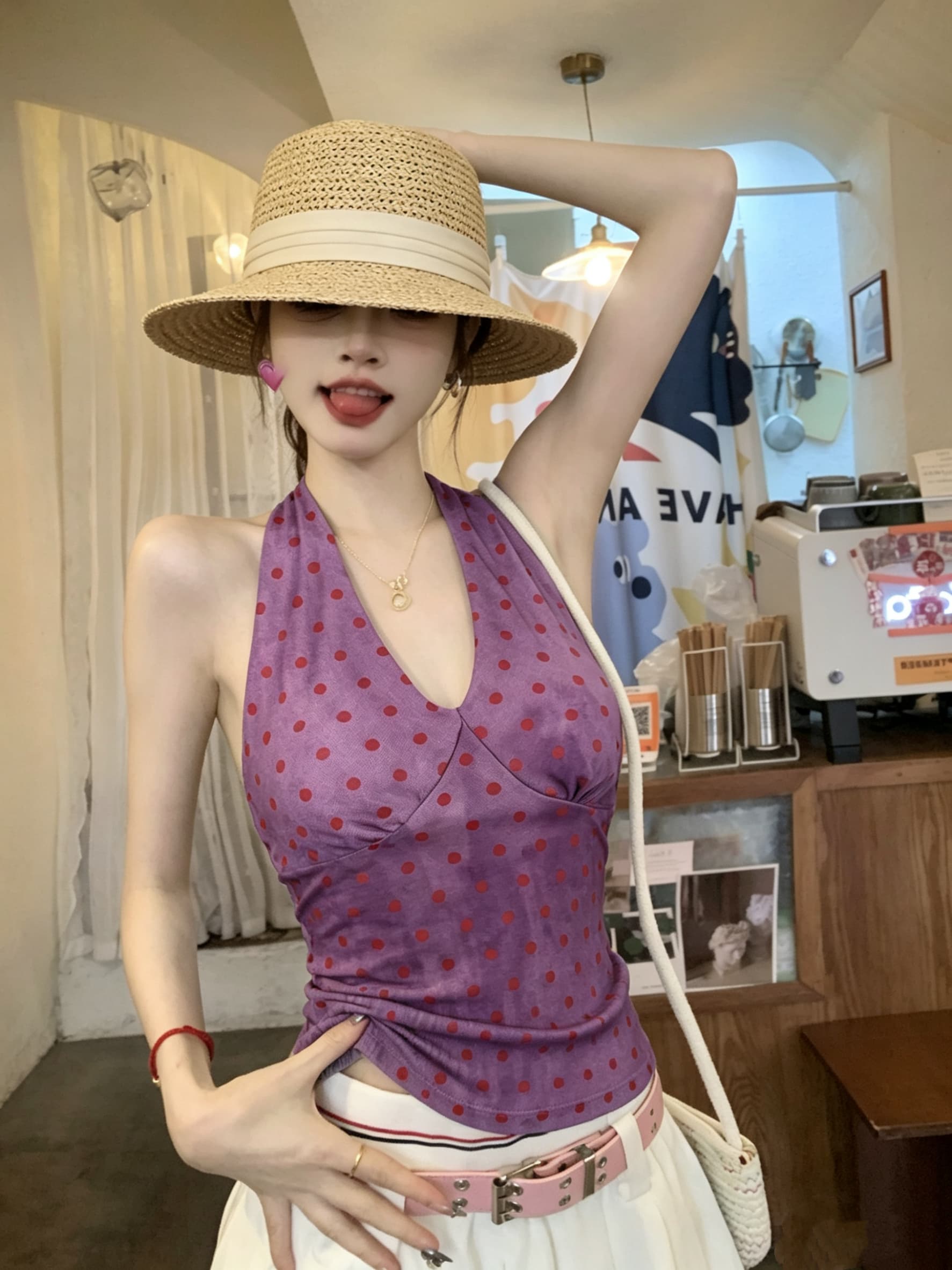 정가 실사 V넥 파란색 도트 무늬 행침 목 캐미솔 여름 새로운 몸매 가꾸기 쇼트 스타일 핫걸 민소매 맨위 상세 이미지 13