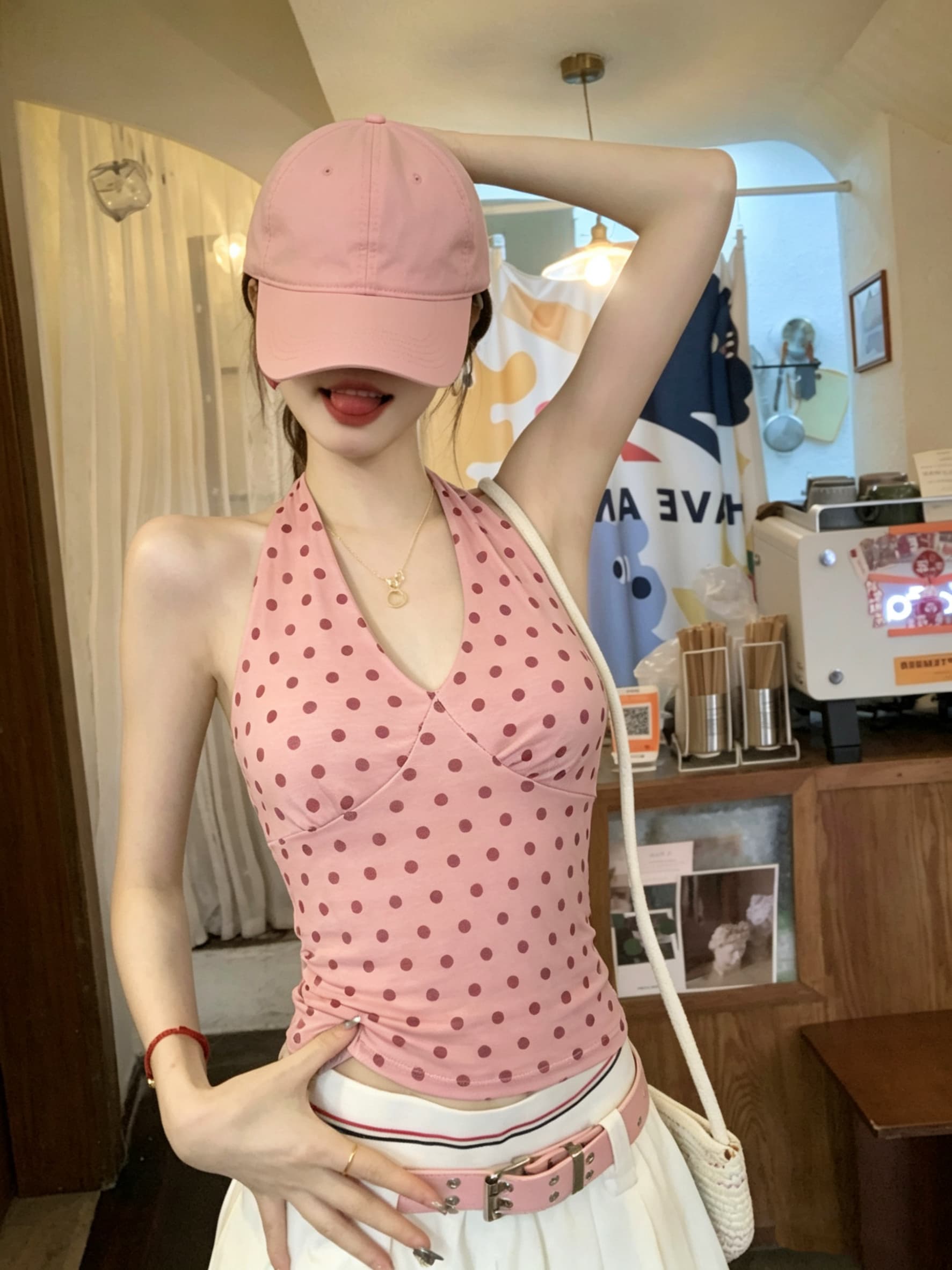정가 실사 V넥 파란색 도트 무늬 행침 목 캐미솔 여름 새로운 몸매 가꾸기 쇼트 스타일 핫걸 민소매 맨위 상세 이미지 14