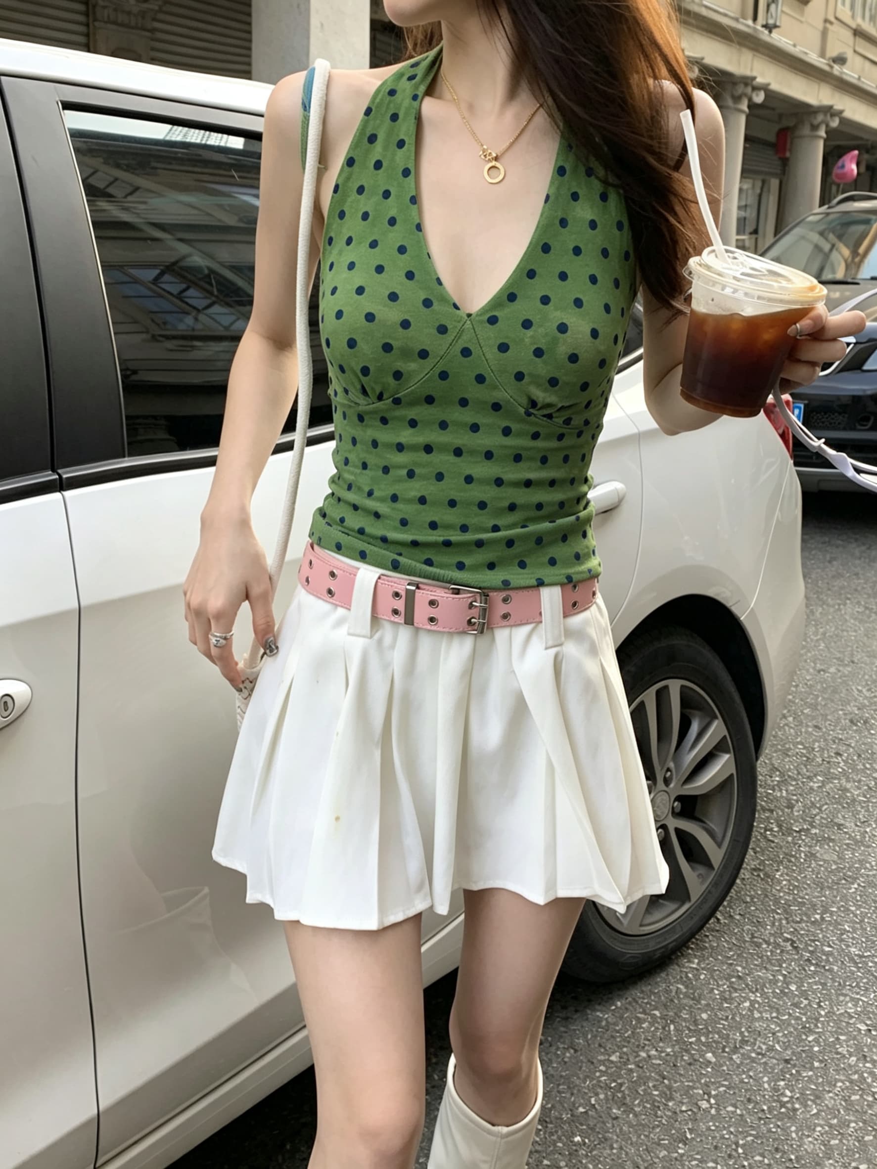 정가 실사 V넥 파란색 도트 무늬 행침 목 캐미솔 여름 새로운 몸매 가꾸기 쇼트 스타일 핫걸 민소매 맨위 상세 이미지 17