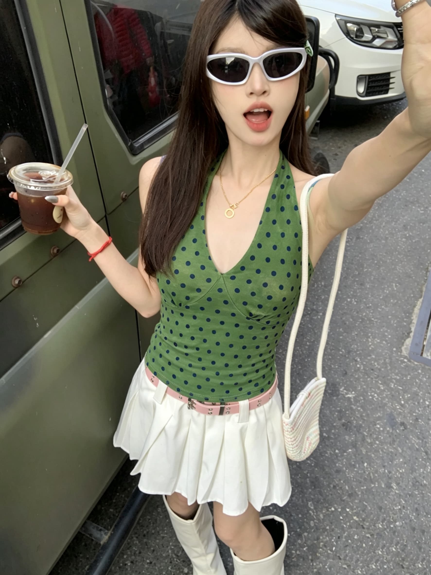정가 실사 V넥 파란색 도트 무늬 행침 목 캐미솔 여름 새로운 몸매 가꾸기 쇼트 스타일 핫걸 민소매 맨위 상세 이미지 18