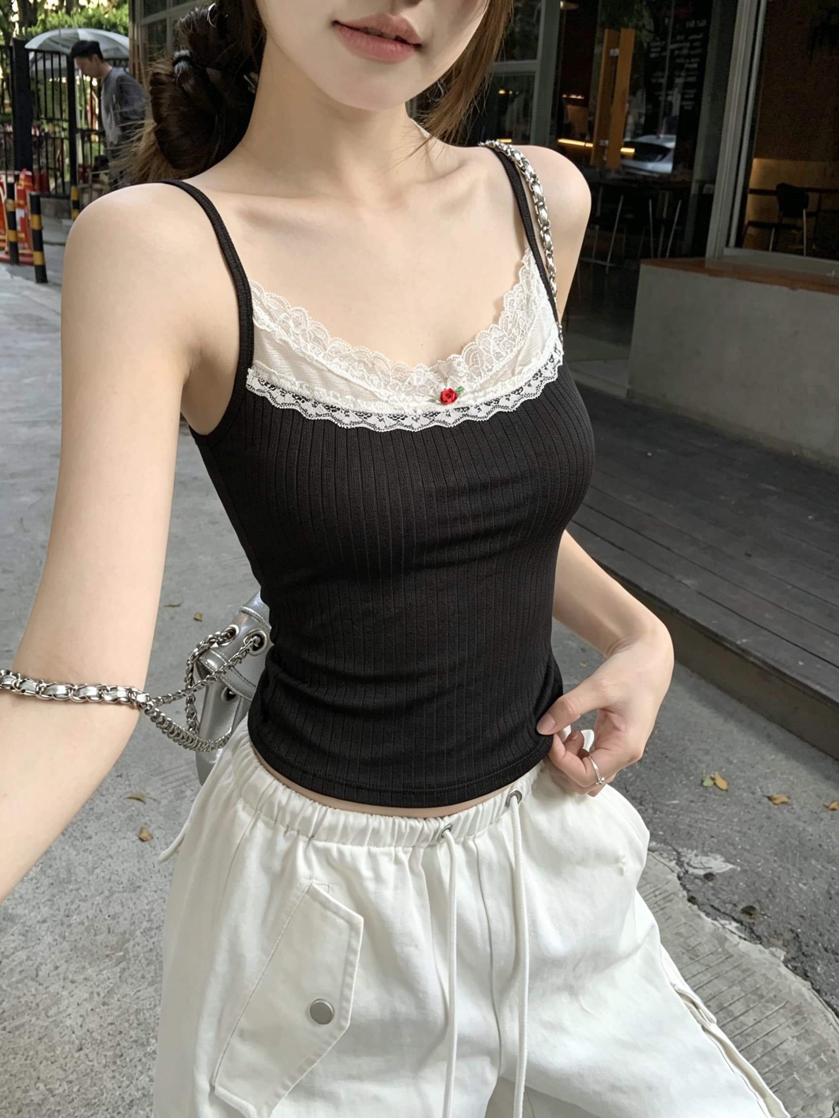 정가 실사 순수한 욕망 레이스 조각 캐미솔 여름 장미 꽃무늬 핫걸 바람 몸매 가꾸기 인사이드 잡아라. 의류 상세 이미지 11