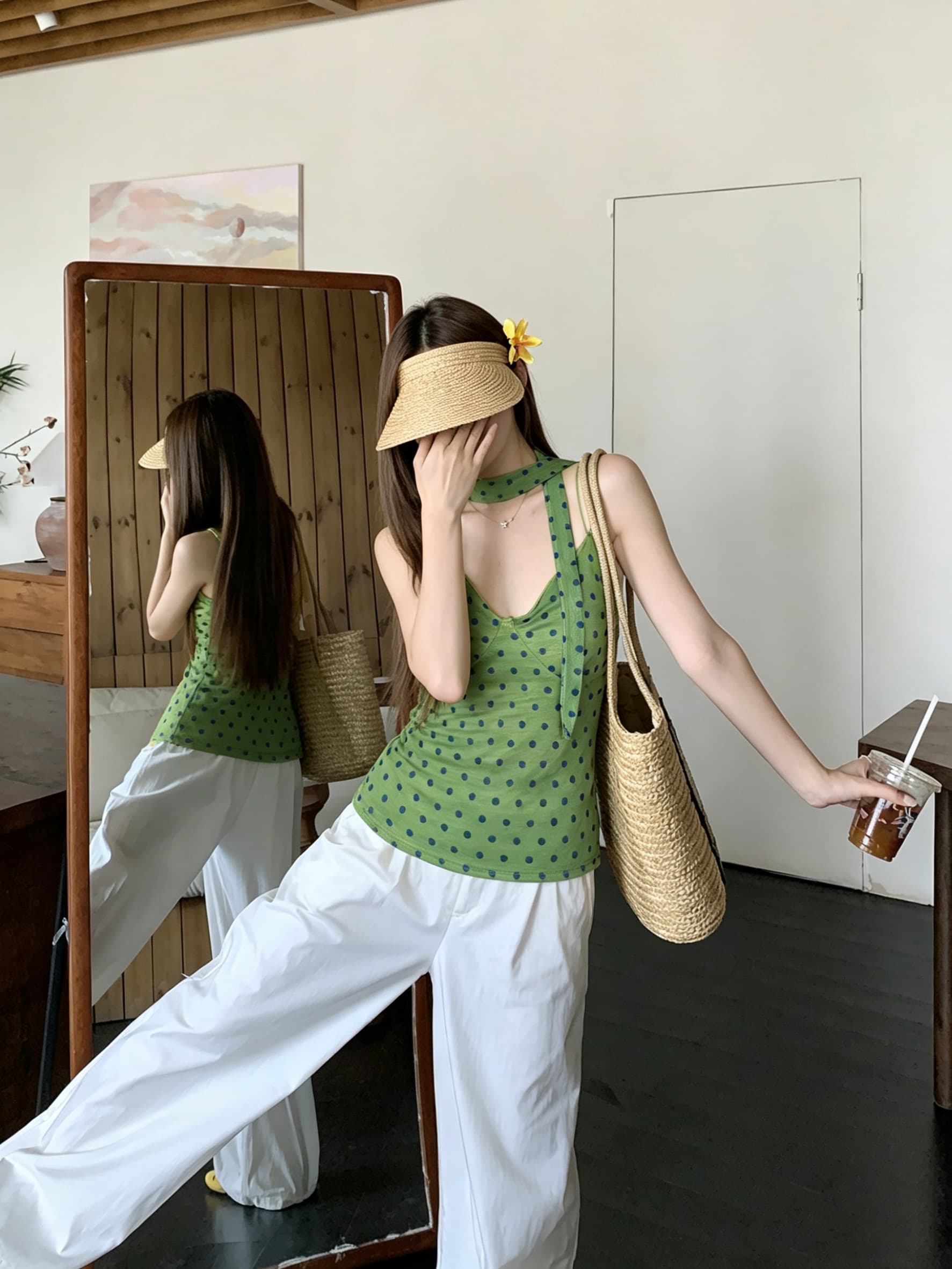 정가 실사 달콤한 핫걸 바람 도트 무늬 리본 V넥 조끼 여성 의류 여름 Chic 몸매 가꾸기 슬림해 보이는 민소매 슬립 상세 이미지 3