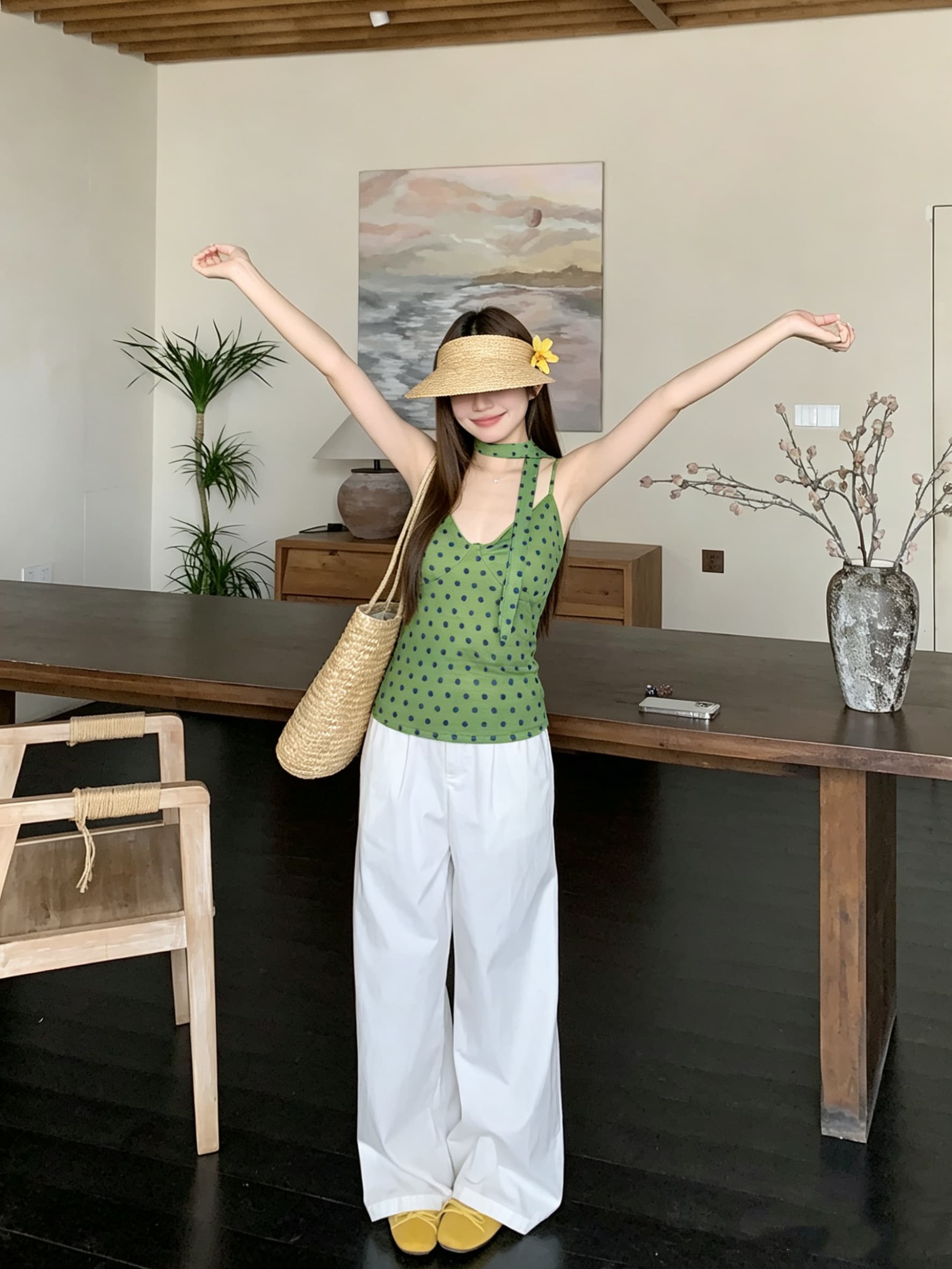 정가 실사 달콤한 핫걸 바람 도트 무늬 리본 V넥 조끼 여성 의류 여름 Chic 몸매 가꾸기 슬림해 보이는 민소매 슬립 상세 이미지 4