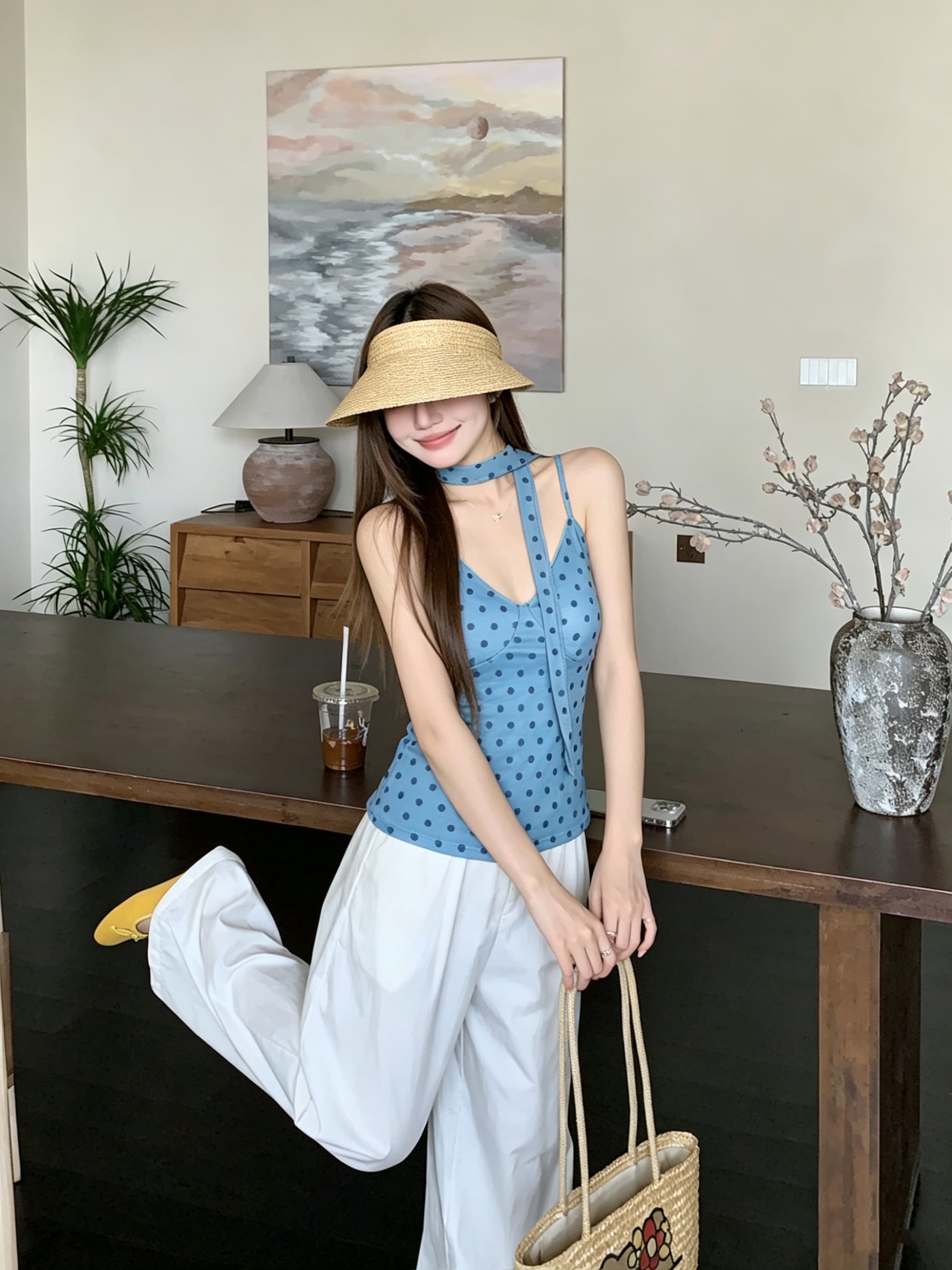 정가 실사 달콤한 핫걸 바람 도트 무늬 리본 V넥 조끼 여성 의류 여름 Chic 몸매 가꾸기 슬림해 보이는 민소매 슬립 상세 이미지 6