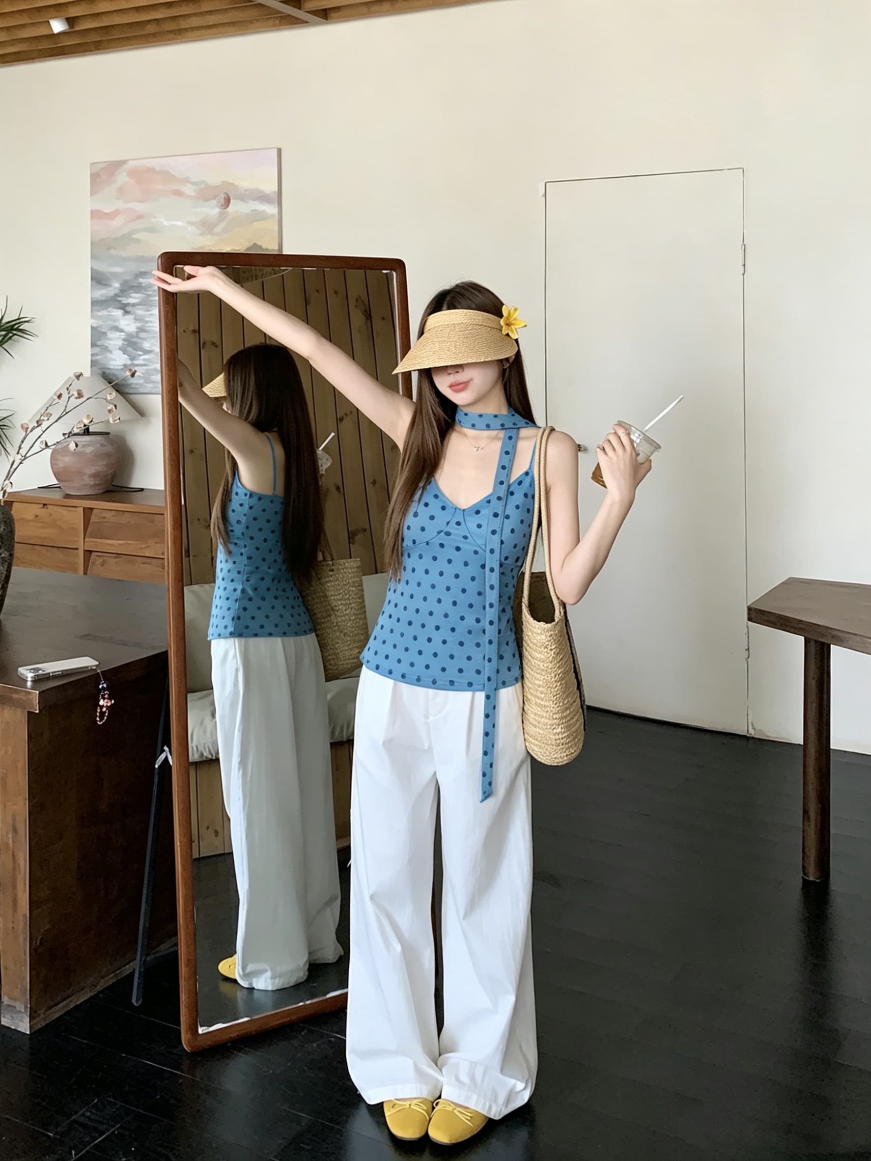 정가 실사 달콤한 핫걸 바람 도트 무늬 리본 V넥 조끼 여성 의류 여름 Chic 몸매 가꾸기 슬림해 보이는 민소매 슬립 상세 이미지 8