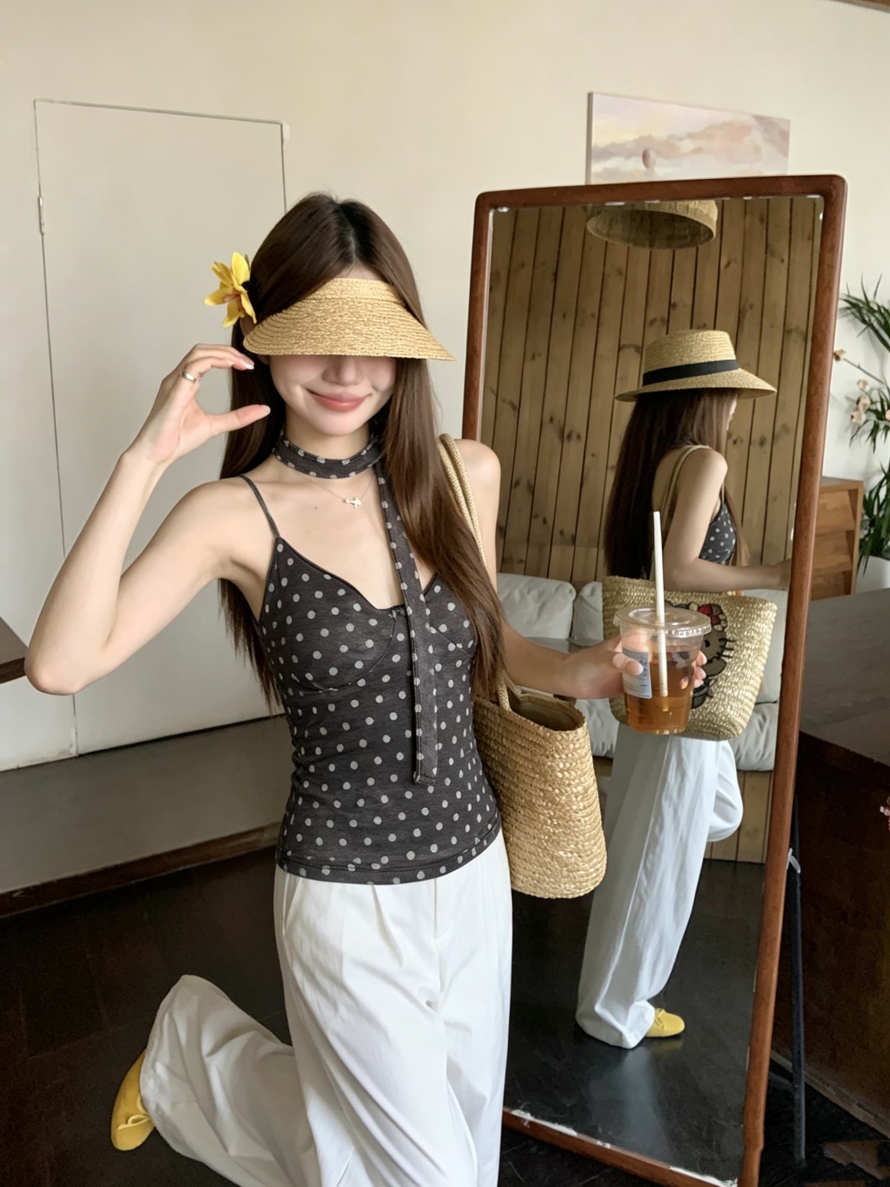 정가 실사 달콤한 핫걸 바람 도트 무늬 리본 V넥 조끼 여성 의류 여름 Chic 몸매 가꾸기 슬림해 보이는 민소매 슬립 상세 이미지 9