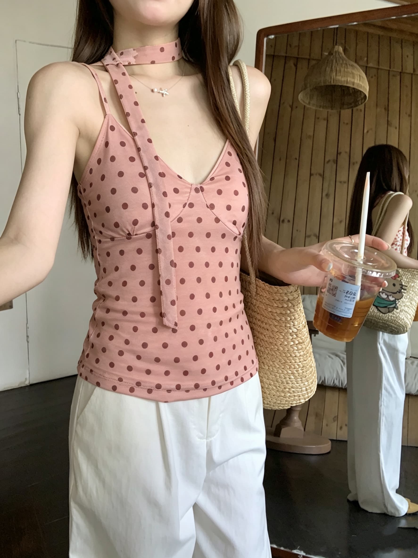 정가 실사 달콤한 핫걸 바람 도트 무늬 리본 V넥 조끼 여성 의류 여름 Chic 몸매 가꾸기 슬림해 보이는 민소매 슬립 상세 이미지 15