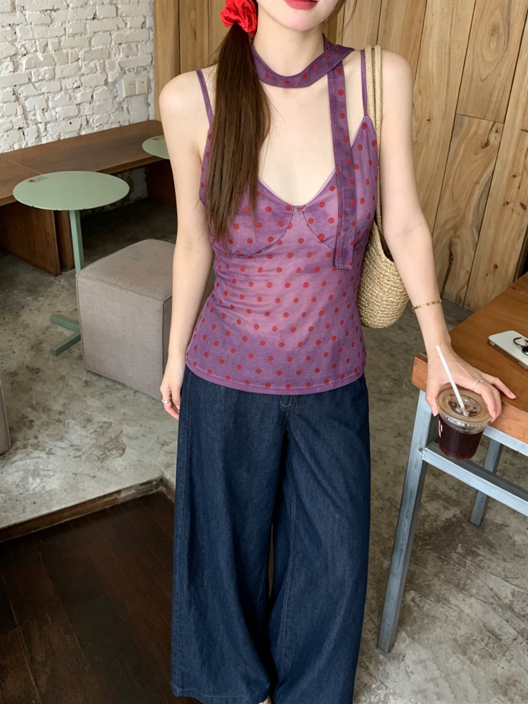 정가 실사 달콤한 핫걸 바람 도트 무늬 리본 V넥 조끼 여성 의류 여름 Chic 몸매 가꾸기 슬림해 보이는 민소매 슬립 상세 이미지 19