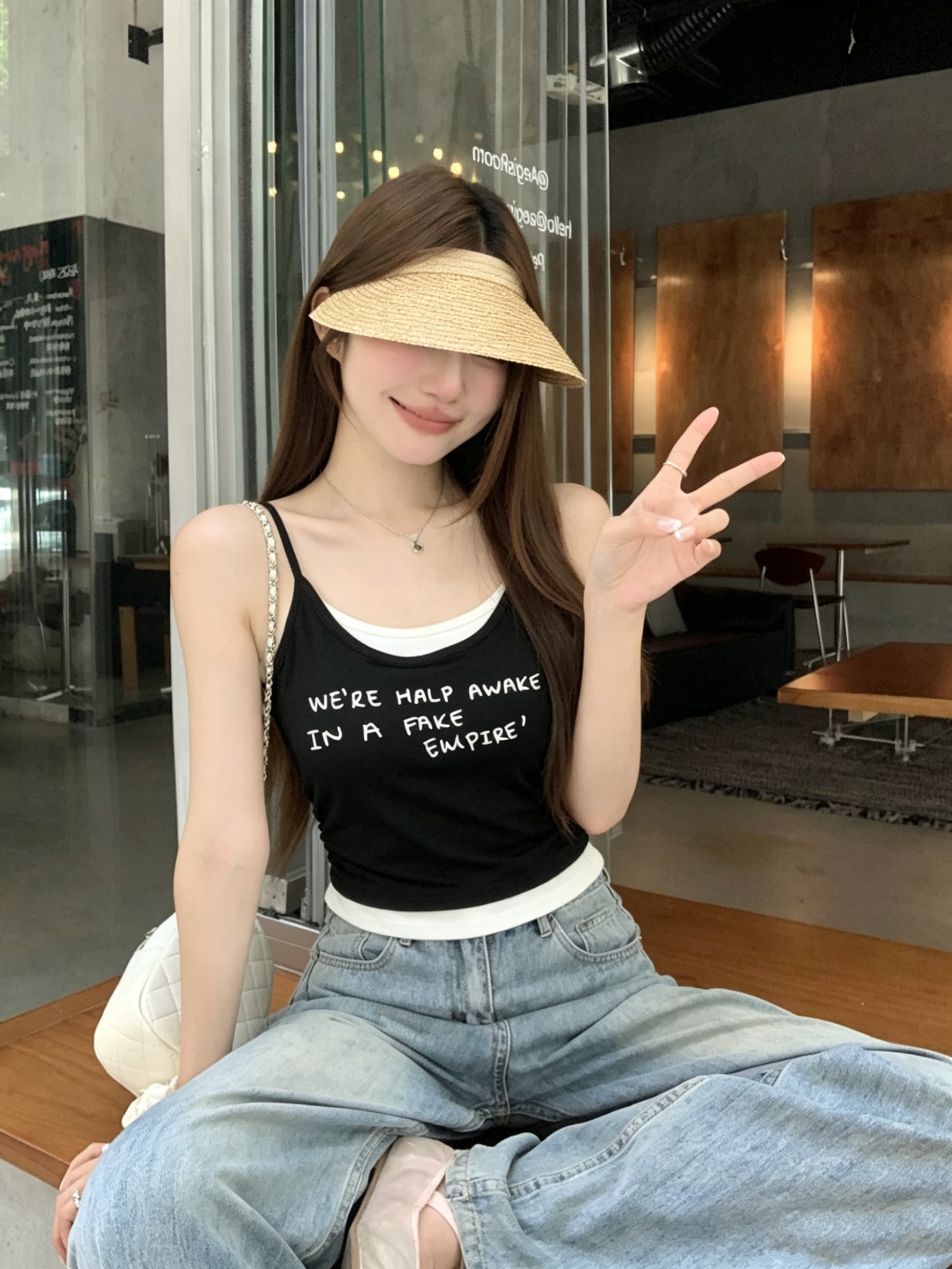 정가 실사 한 부서 배색 페이크 레이어드 캐미솔 알파벳 프린트 몸매 가꾸기 슬림해 보이는 벨트 가슴 패드 의류 상세 이미지 2