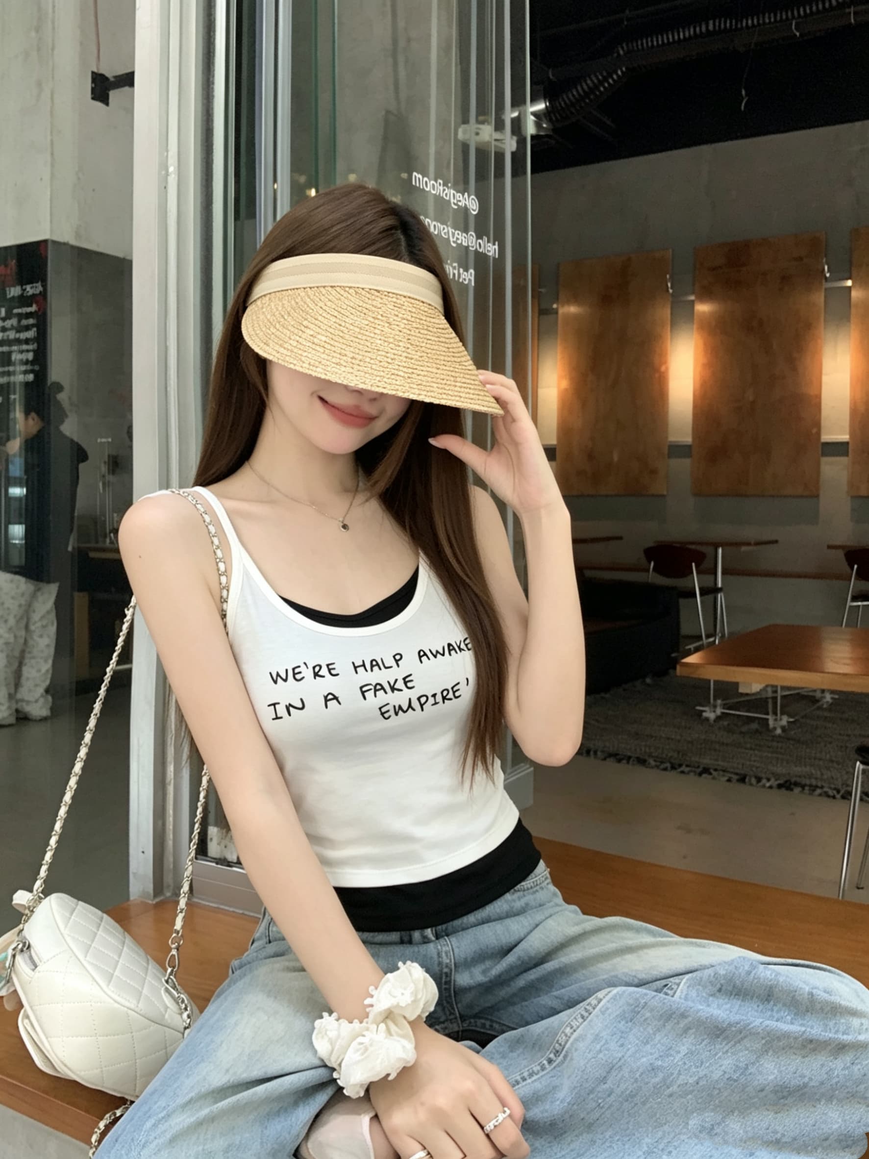 정가 실사 한 부서 배색 페이크 레이어드 캐미솔 알파벳 프린트 몸매 가꾸기 슬림해 보이는 벨트 가슴 패드 의류 상세 이미지 6