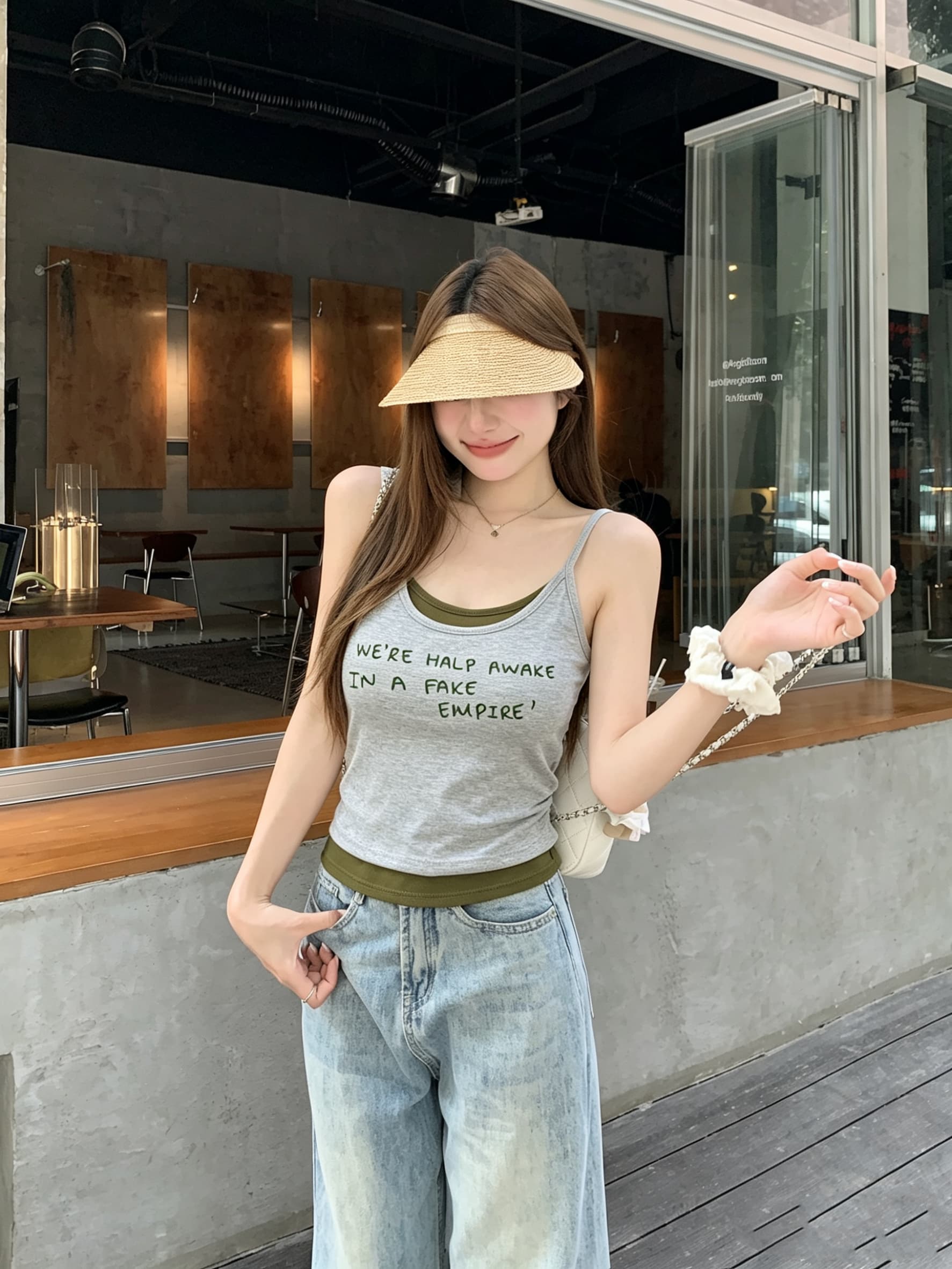 정가 실사 한 부서 배색 페이크 레이어드 캐미솔 알파벳 프린트 몸매 가꾸기 슬림해 보이는 벨트 가슴 패드 의류 상세 이미지 8