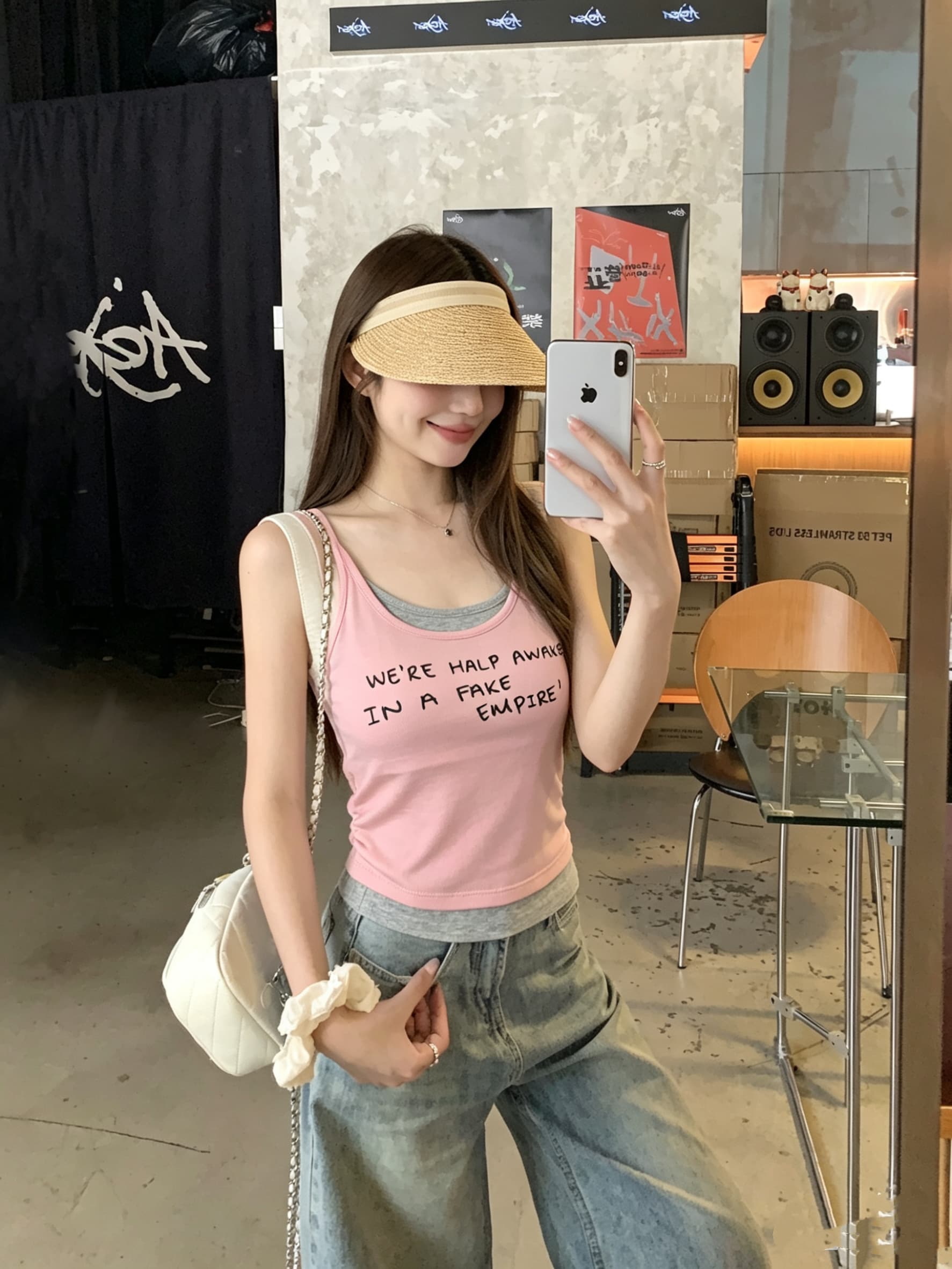 정가 실사 한 부서 배색 페이크 레이어드 캐미솔 알파벳 프린트 몸매 가꾸기 슬림해 보이는 벨트 가슴 패드 의류 상세 이미지 10