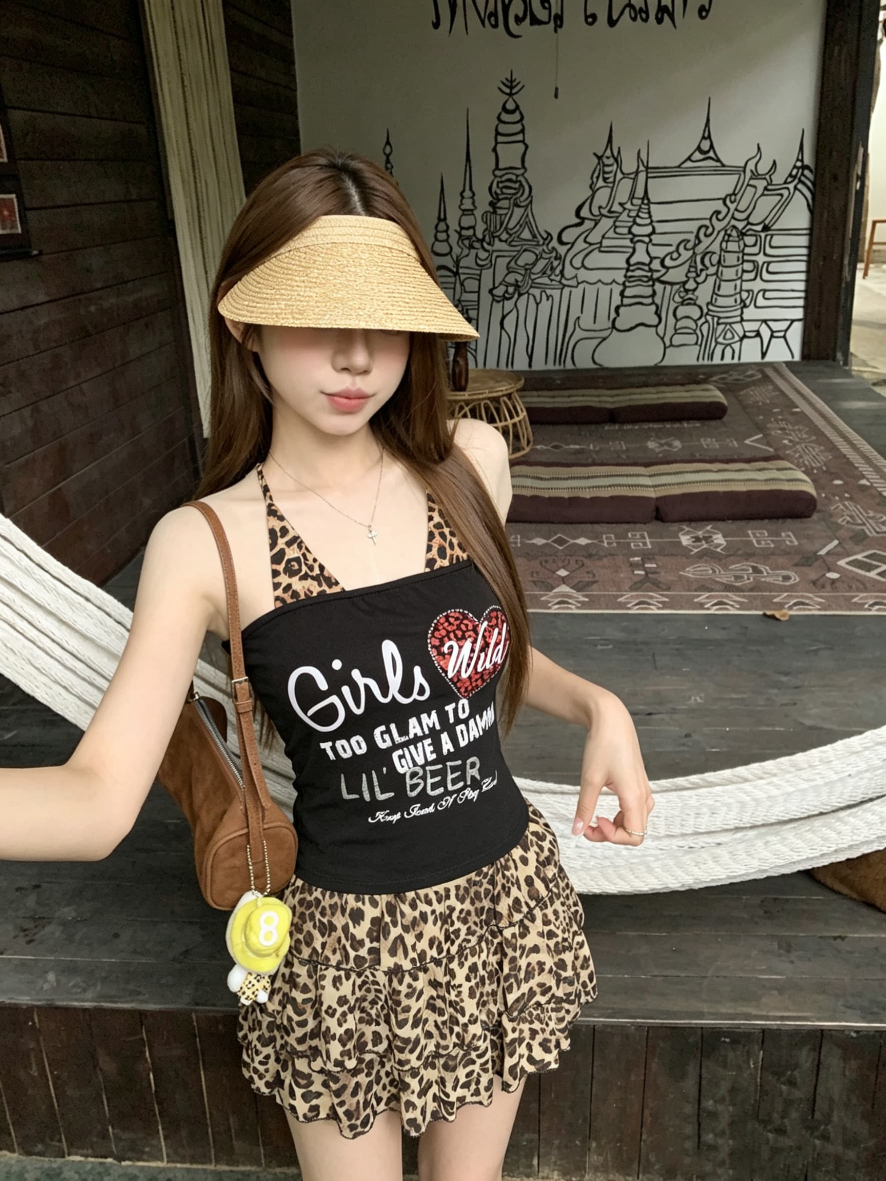 정가 실사 아메리칸 핫걸 레오파드 무늬 페이크 레이어드 벨트 가슴 패드 캐미솔 여름 새로운 몸매 가꾸기 맨위 상세 이미지 1