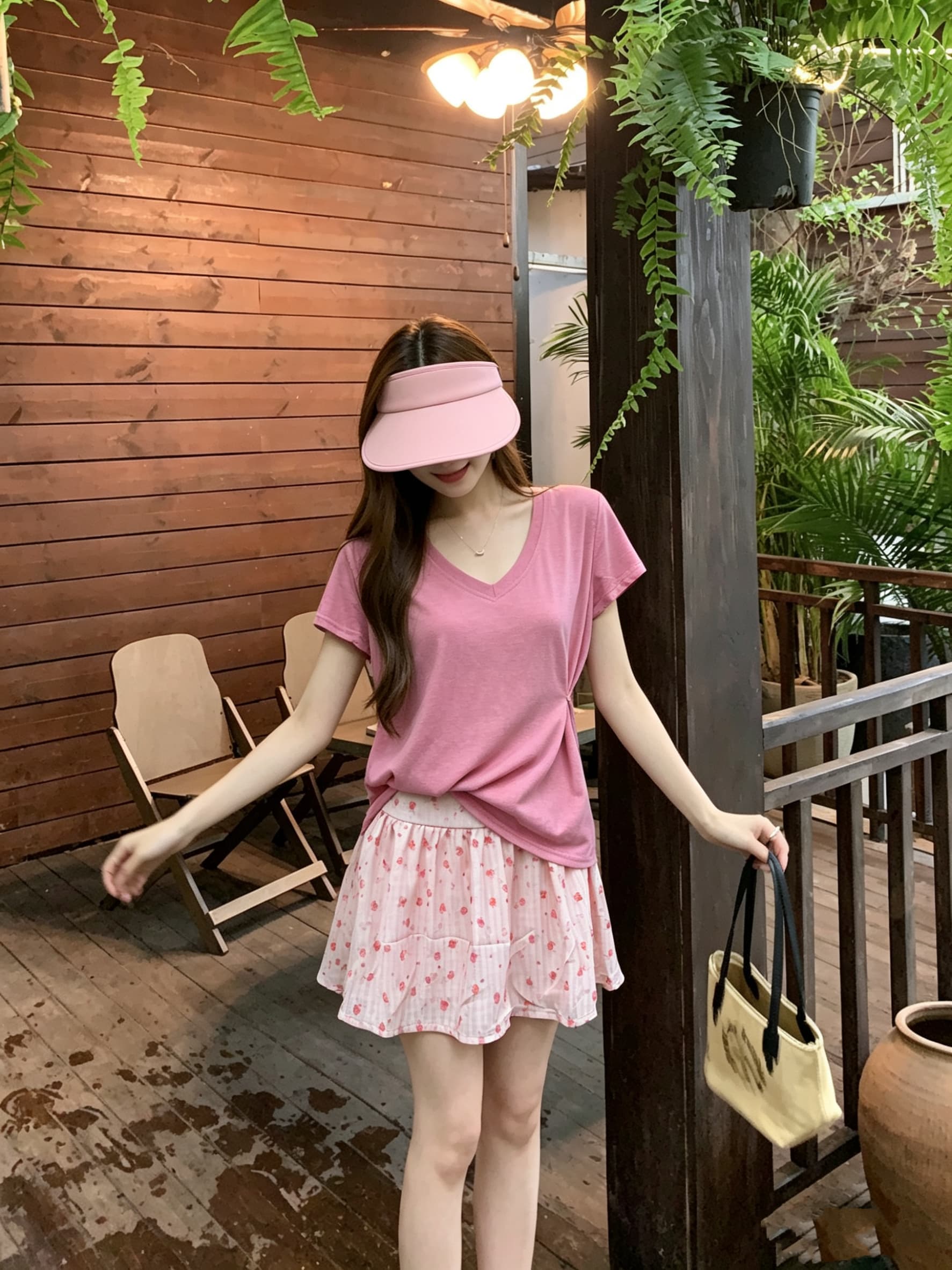 정가 실사 V넥 눈꽃 면 마이크로 긍정적 인 어깨 반팔 티셔츠 여성 루즈핏 맨위 핑크색 꽃무늬 반신 치마 세트 상세 이미지 3