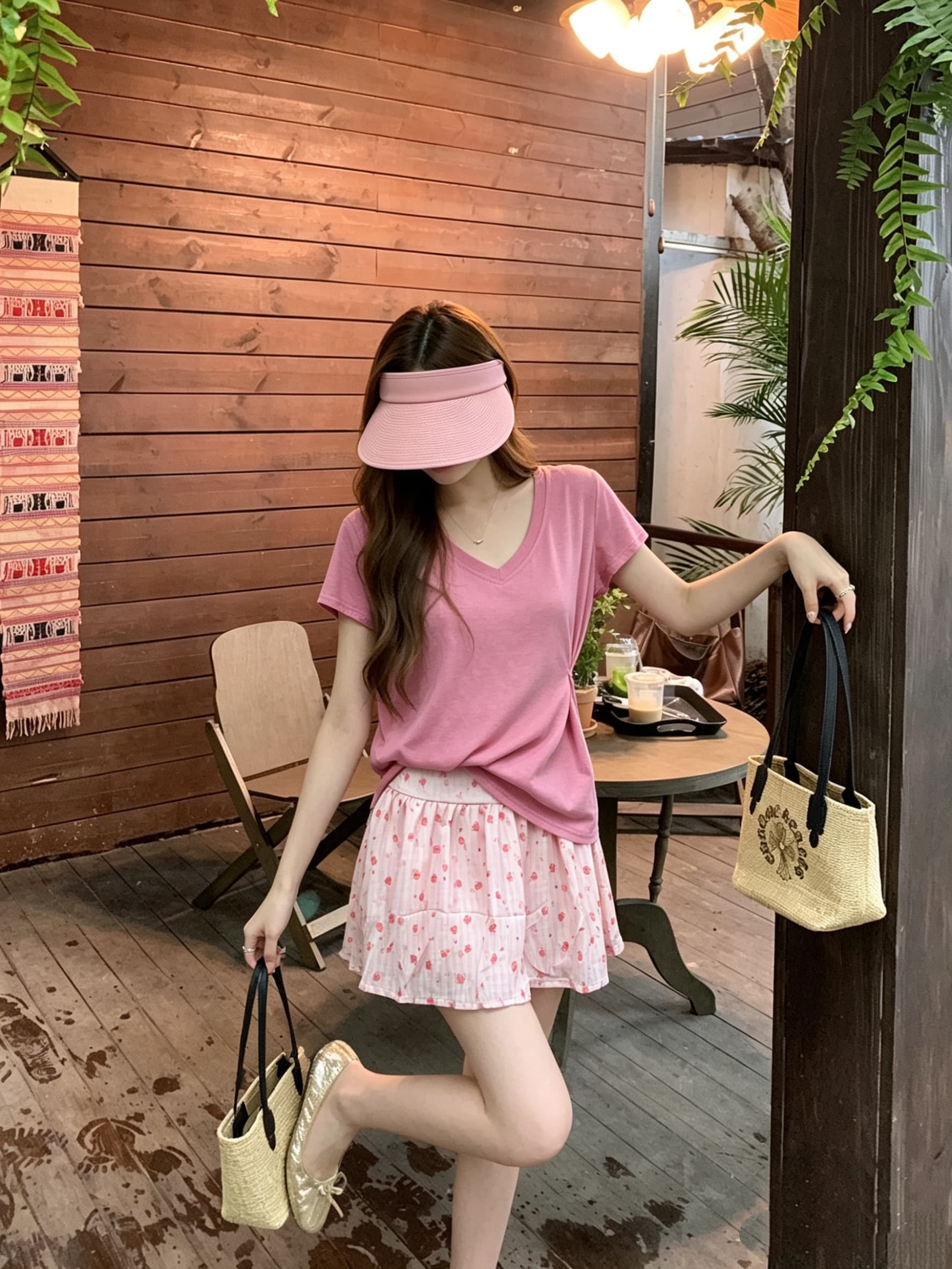 정가 실사 V넥 눈꽃 면 마이크로 긍정적 인 어깨 반팔 티셔츠 여성 루즈핏 맨위 핑크색 꽃무늬 반신 치마 세트 상세 이미지 4