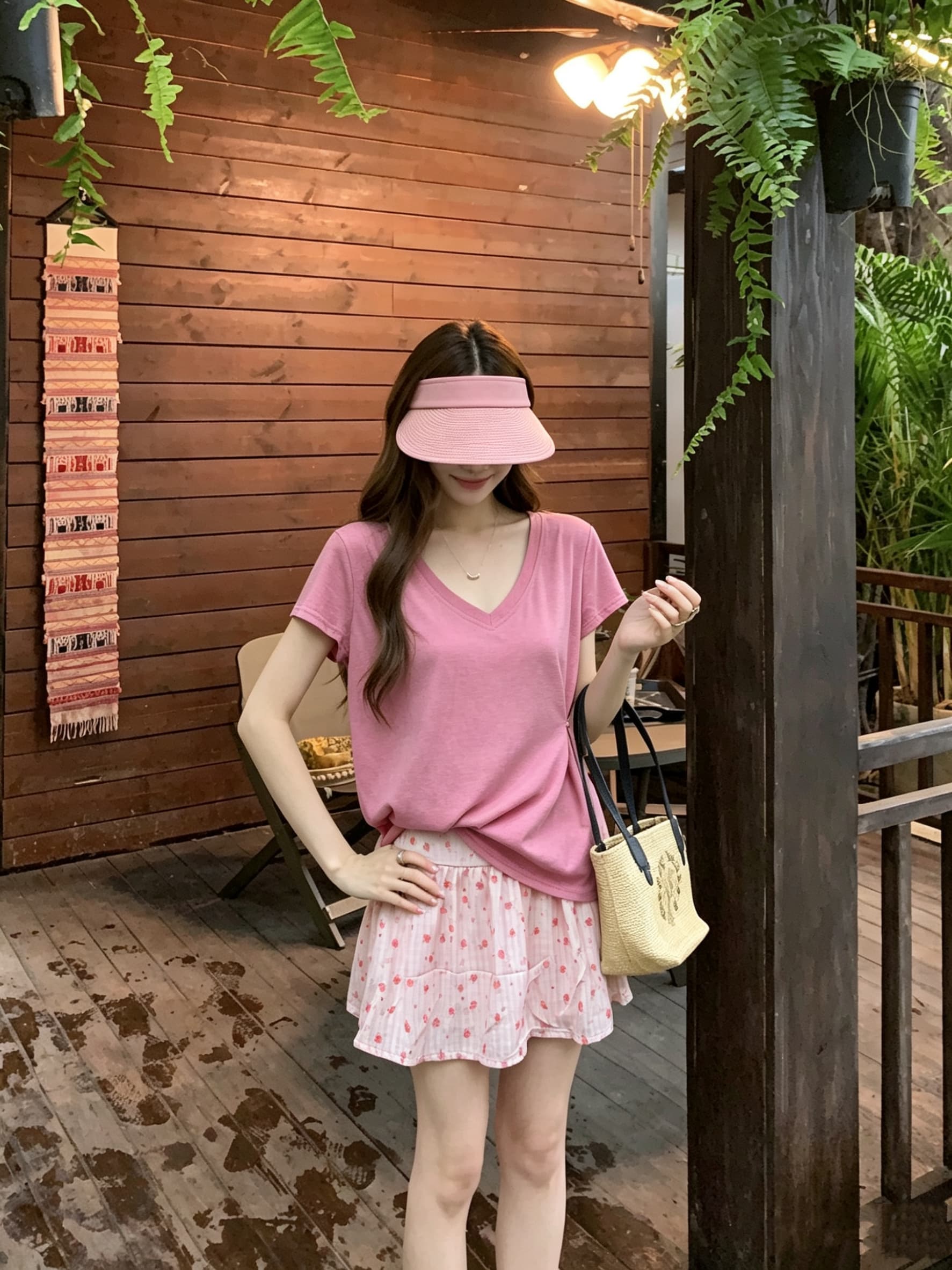 정가 실사 V넥 눈꽃 면 마이크로 긍정적 인 어깨 반팔 티셔츠 여성 루즈핏 맨위 핑크색 꽃무늬 반신 치마 세트 상세 이미지 5