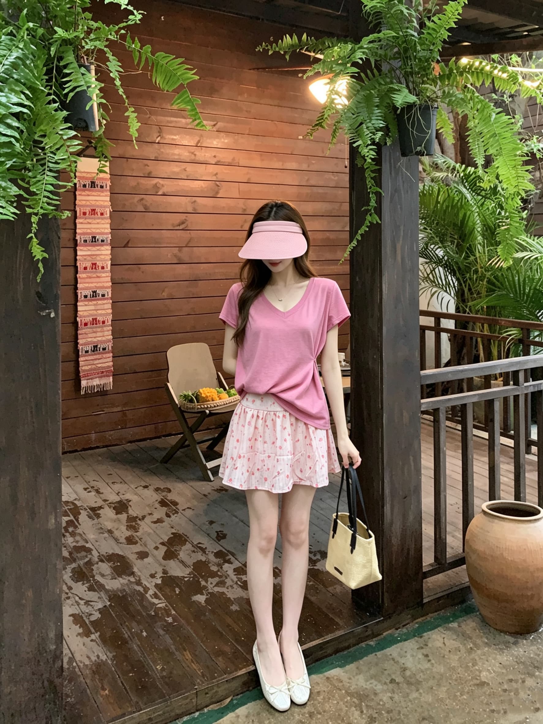 정가 실사 V넥 눈꽃 면 마이크로 긍정적 인 어깨 반팔 티셔츠 여성 루즈핏 맨위 핑크색 꽃무늬 반신 치마 세트 상세 이미지 8