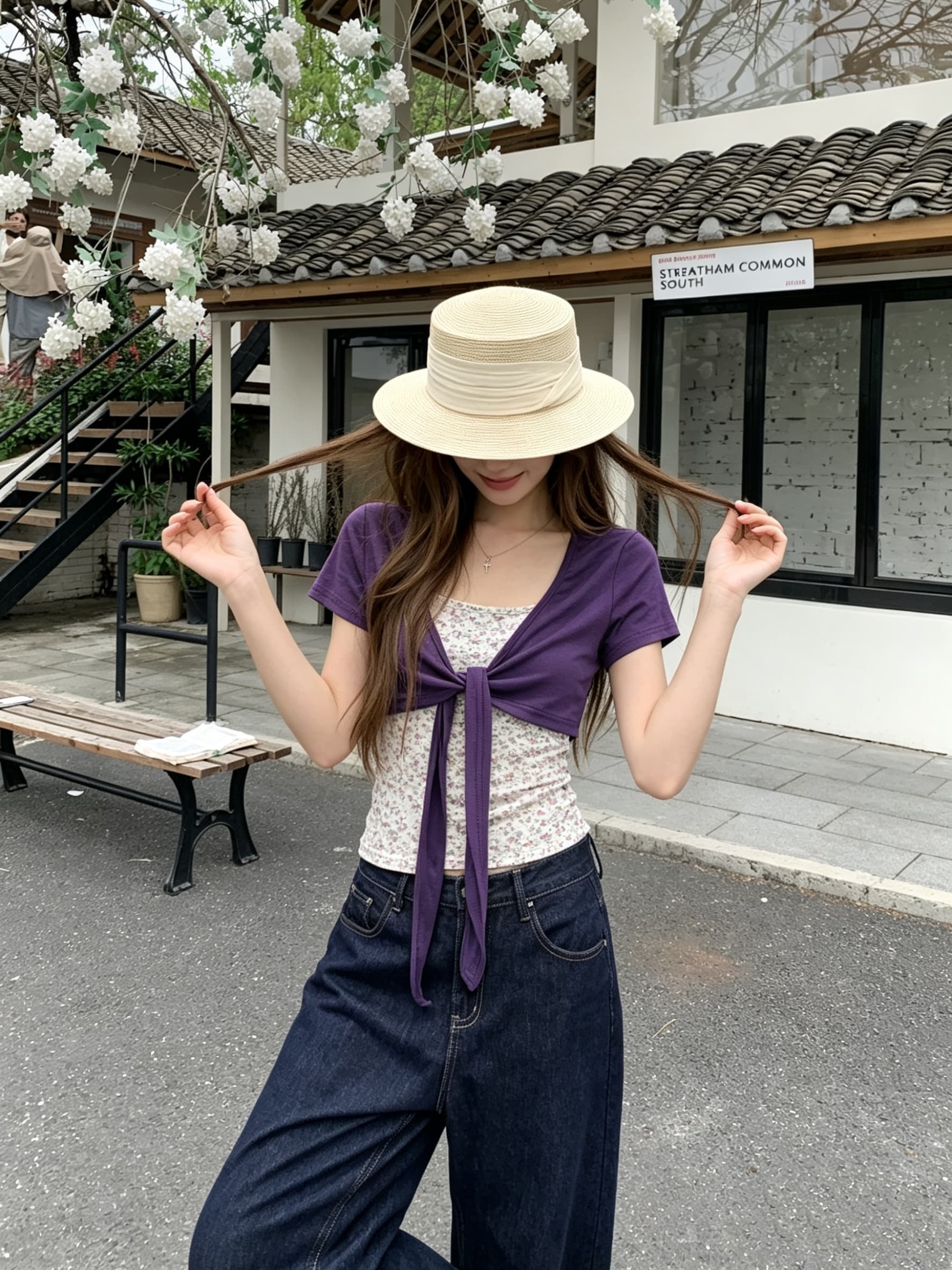 정가 실사 보라색 bm 바람 한 부서 스트랩 블라우스 오픈 가디건 꽃무늬 슬립 투피스 세트 티셔츠 반팔 맨위 여름 상세 이미지 2
