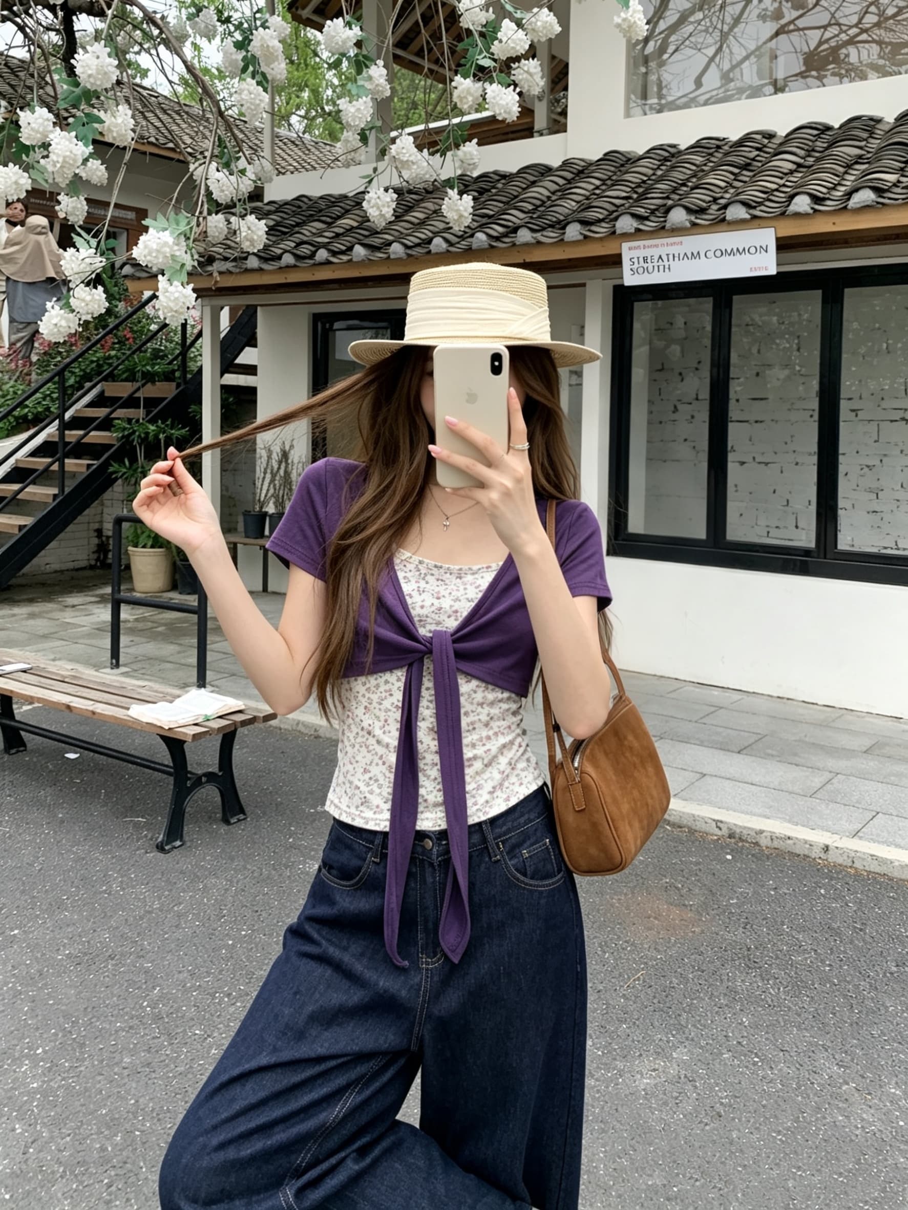 정가 실사 보라색 bm 바람 한 부서 스트랩 블라우스 오픈 가디건 꽃무늬 슬립 투피스 세트 티셔츠 반팔 맨위 여름 상세 이미지 5
