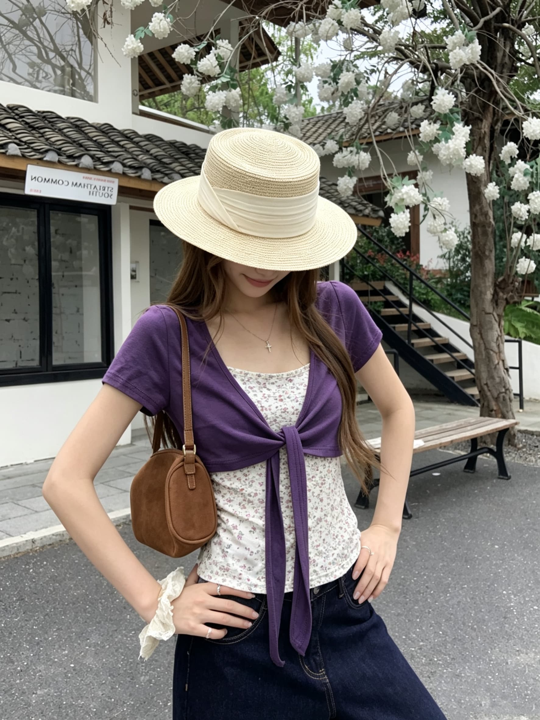 정가 실사 보라색 bm 바람 한 부서 스트랩 블라우스 오픈 가디건 꽃무늬 슬립 투피스 세트 티셔츠 반팔 맨위 여름 이미지 2