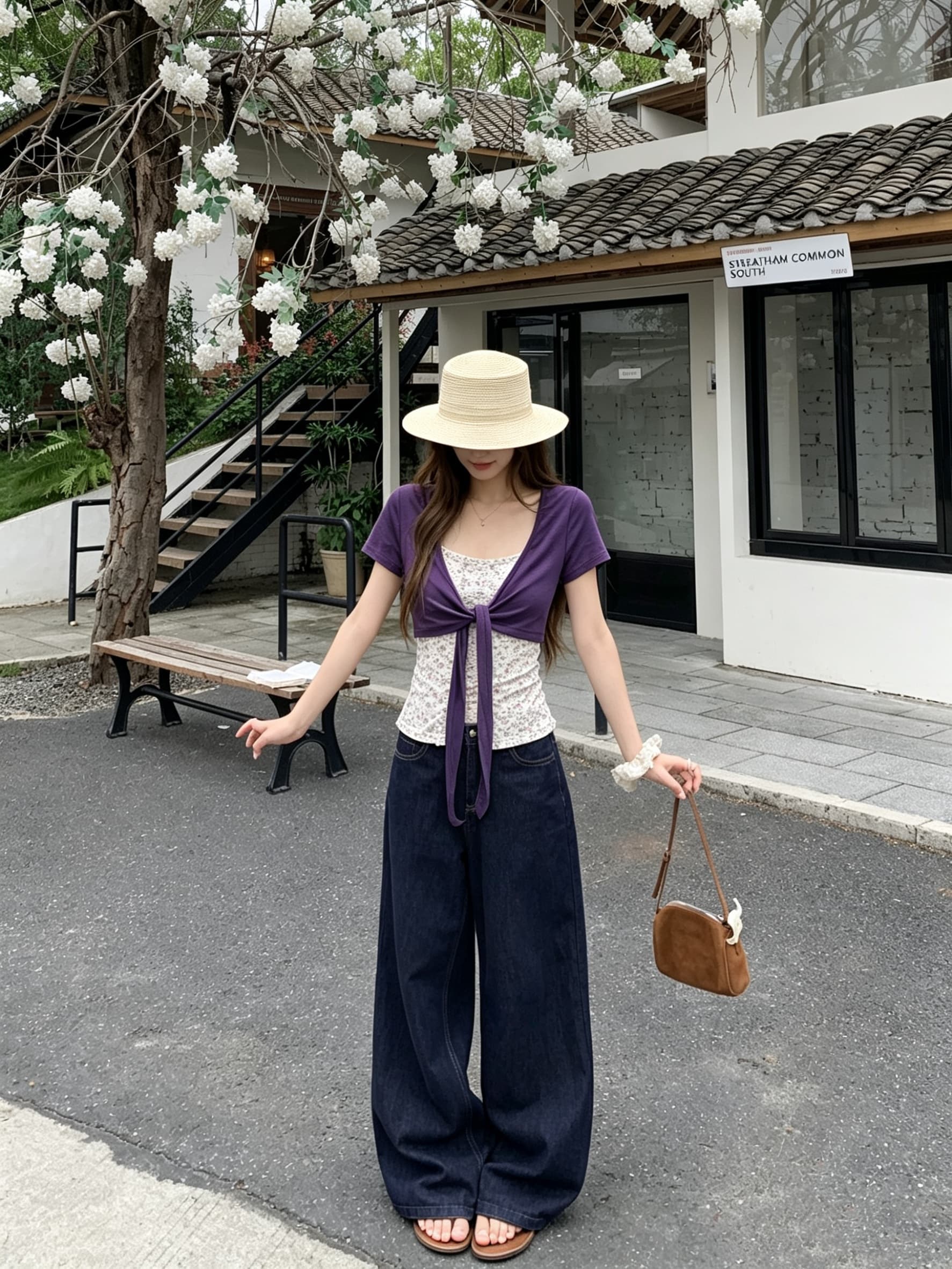 정가 실사 보라색 bm 바람 한 부서 스트랩 블라우스 오픈 가디건 꽃무늬 슬립 투피스 세트 티셔츠 반팔 맨위 여름 이미지 3