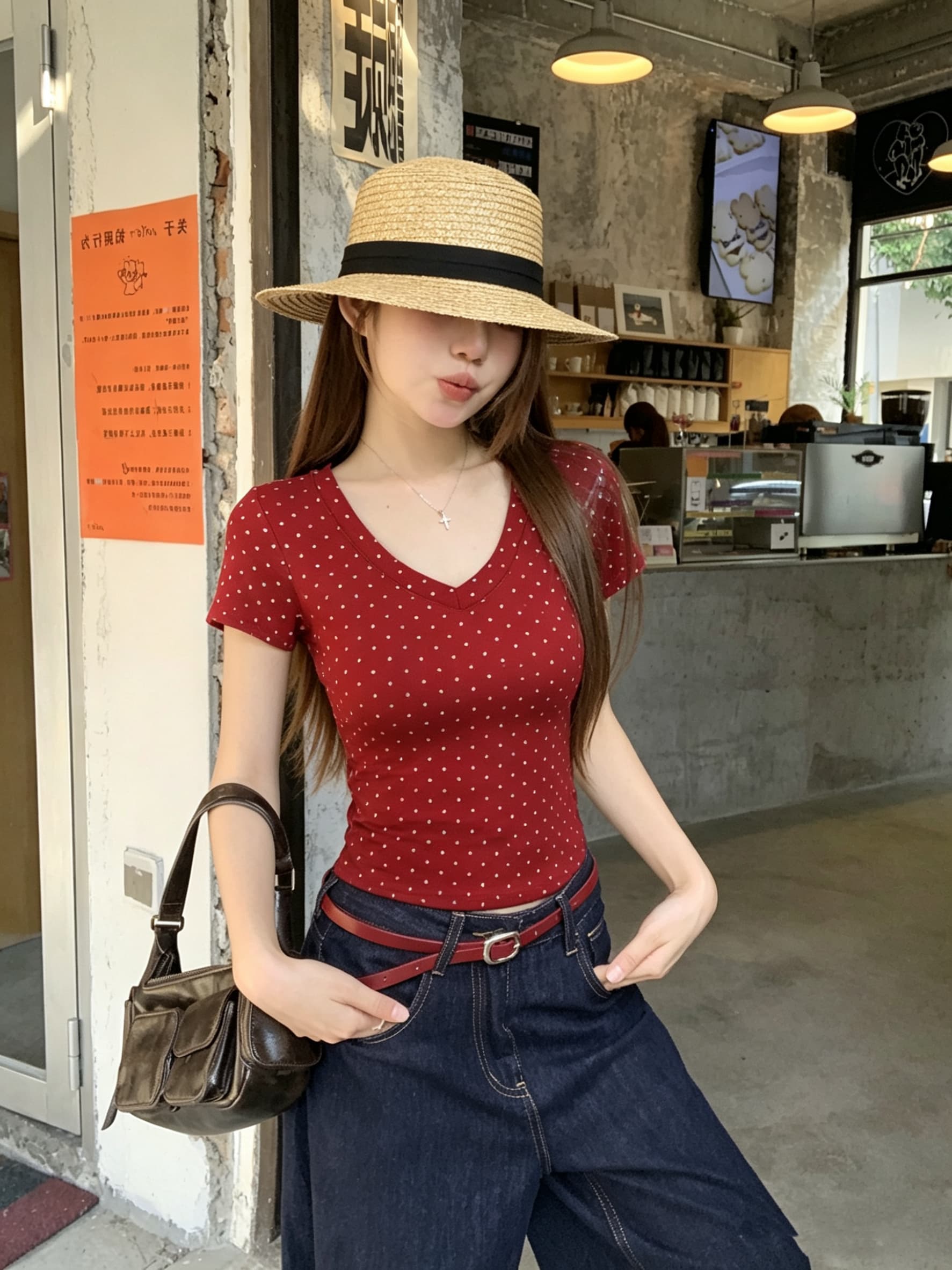 정가 실사 아메리칸 레트로 디자인 센스 V넥 핫픽스 반팔 티셔츠 여성 여름 새로운 몸매 가꾸기 맨위 상세 이미지 1