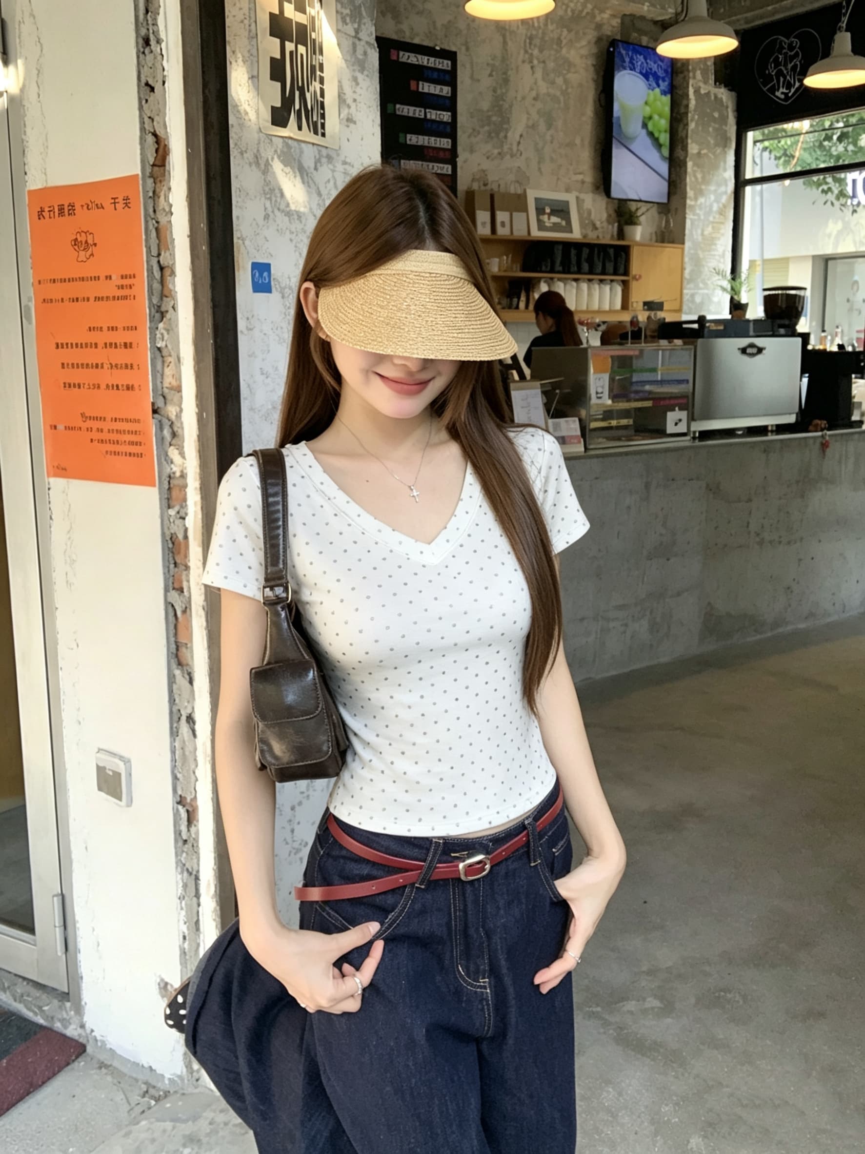 정가 실사 아메리칸 레트로 디자인 센스 V넥 핫픽스 반팔 티셔츠 여성 여름 새로운 몸매 가꾸기 맨위 상세 이미지 3