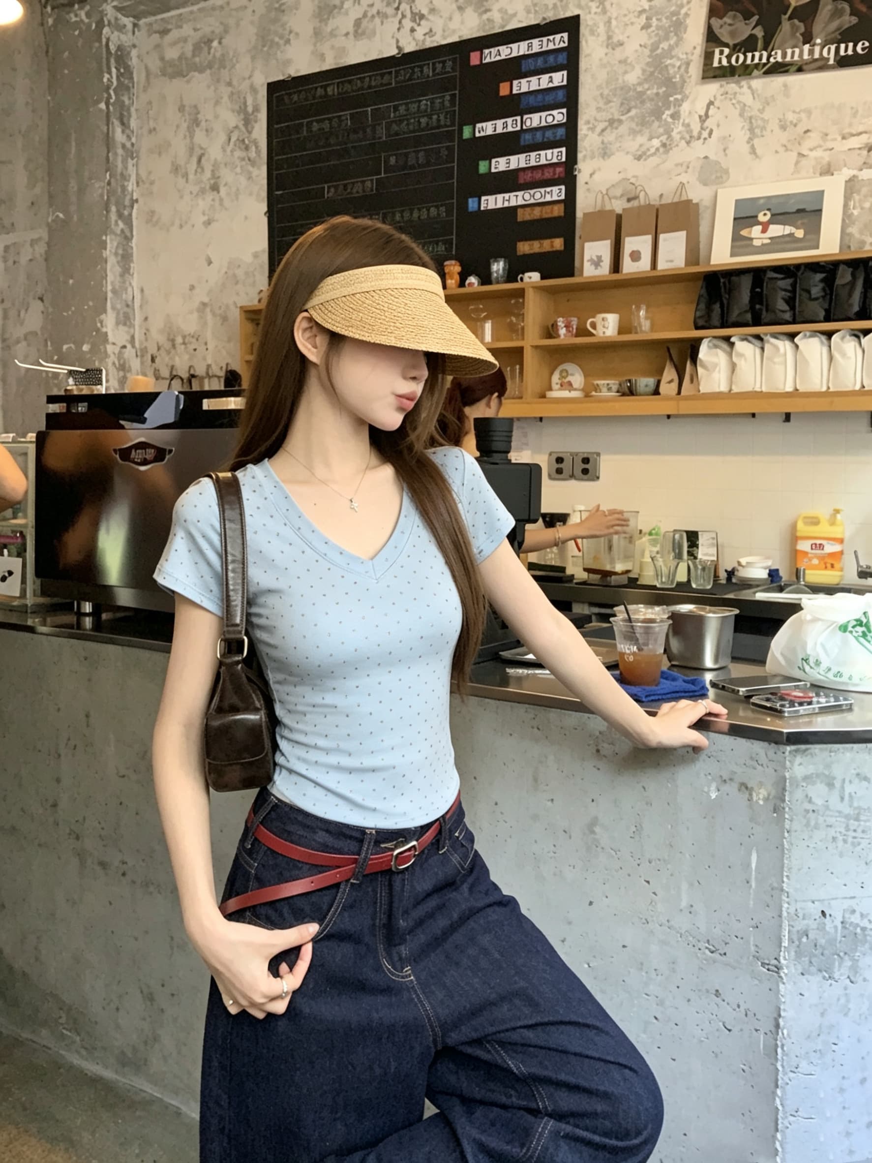 정가 실사 아메리칸 레트로 디자인 센스 V넥 핫픽스 반팔 티셔츠 여성 여름 새로운 몸매 가꾸기 맨위 상세 이미지 7