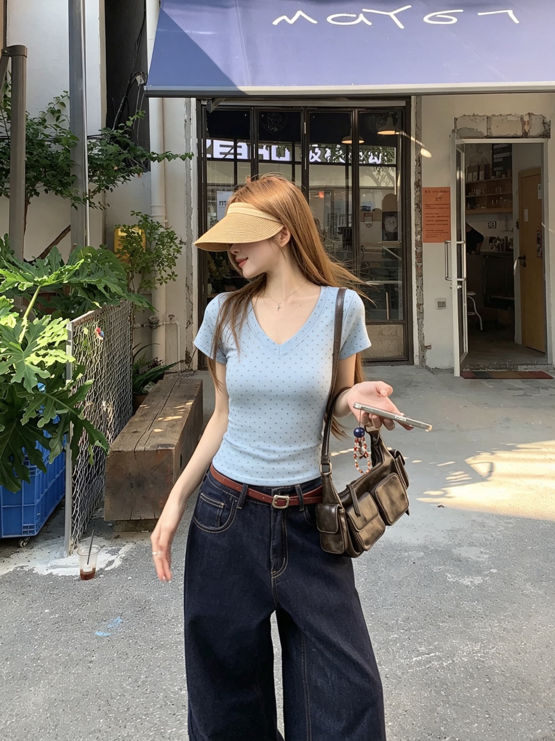 정가 실사 아메리칸 레트로 디자인 센스 V넥 핫픽스 반팔 티셔츠 여성 여름 새로운 몸매 가꾸기 맨위 상세 이미지 8
